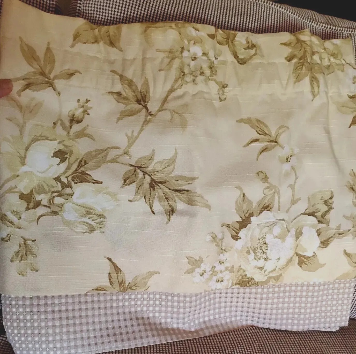Decorator Drapery Double Valance Tan Check Butter Cream Rose Floral Lined 17×68″