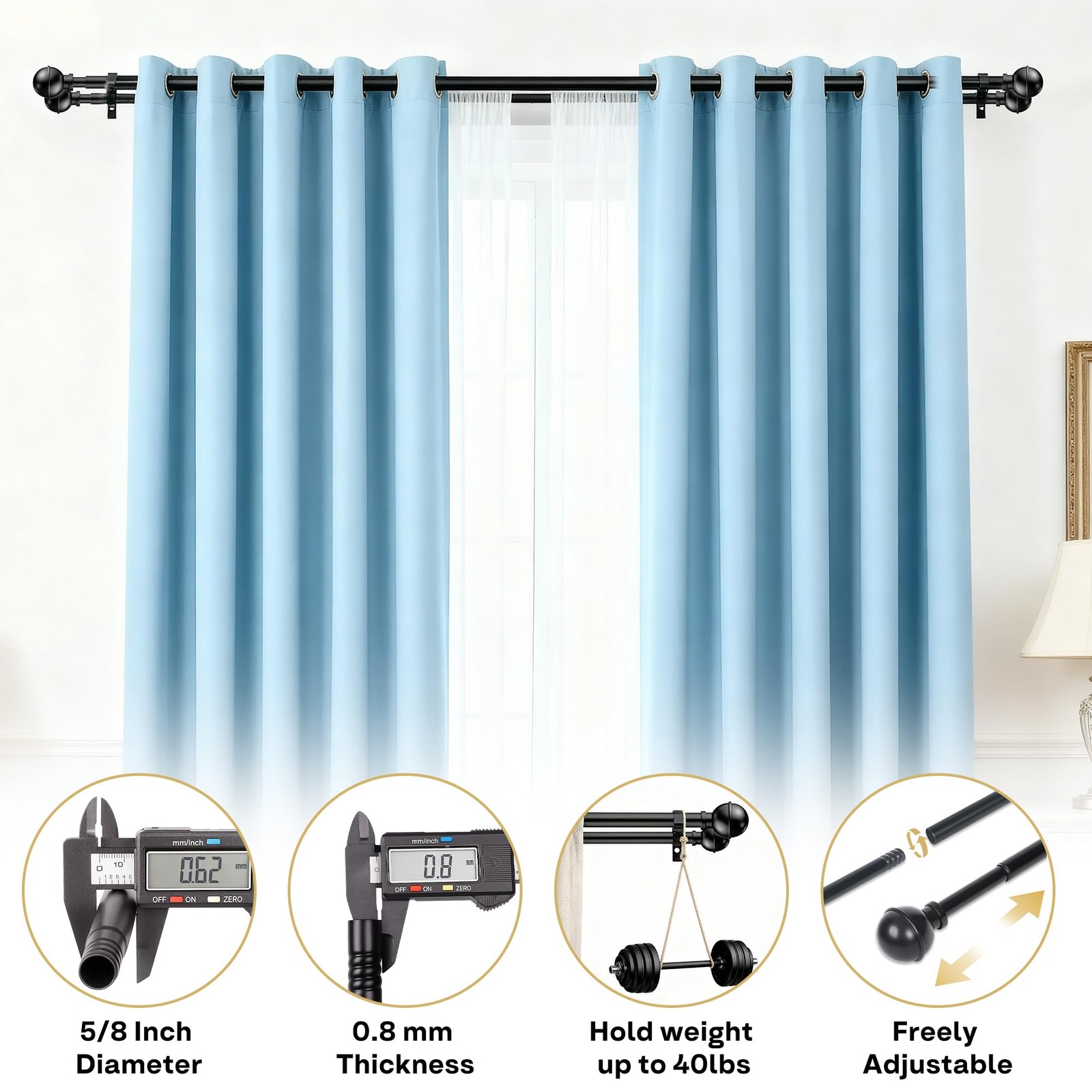 Adjustable Double Curtain Rods For Windows Set 30-57 Inch Black Small Extra