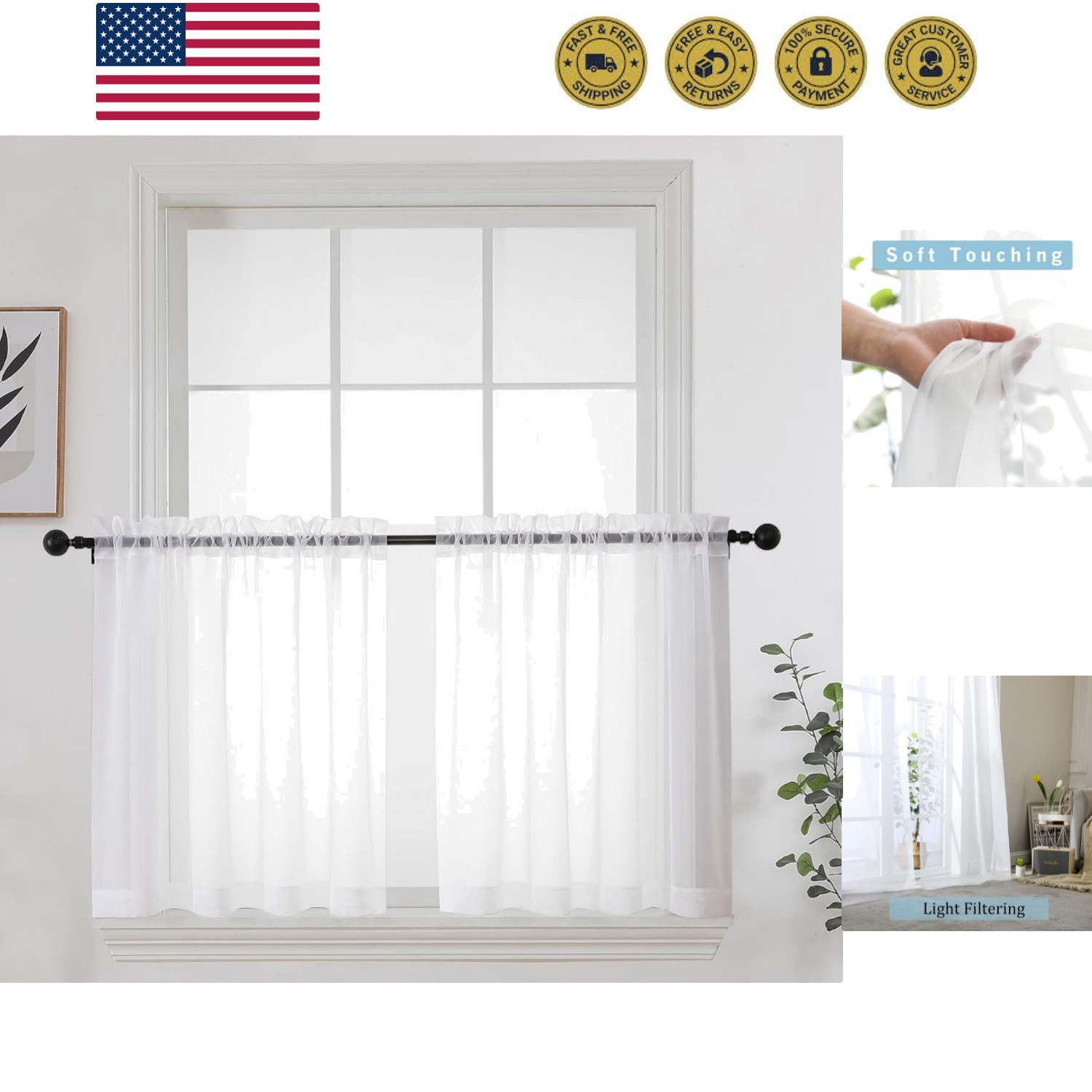 White Short Sheer Curtains 24 Inches Long 2 Panels Set for Kitchen Window, Ro…