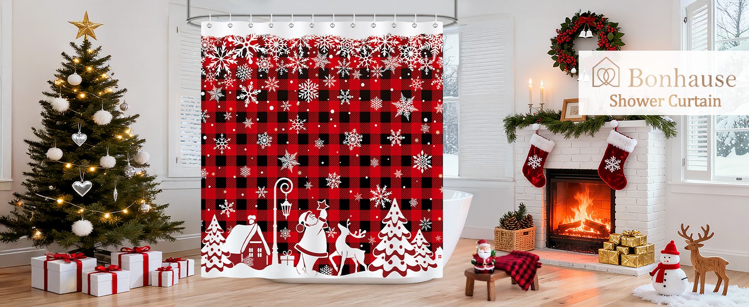 Christmas Shower Curtain, Winter Snowflakes Xmas Village Santa Red Black Plaid