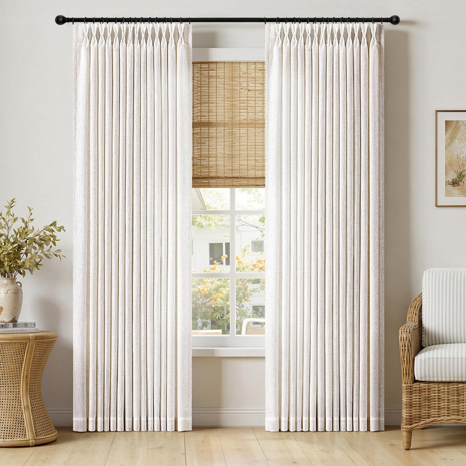 Pinch Pleated Thick Linen Curtains 90 Inches Long 2 Panels for Living Room Bedro