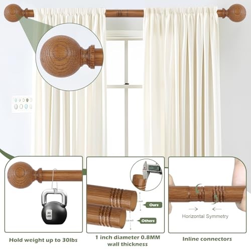 Brown Ball Adjustable Curtain Rods, 36-88″ Heavy 36-88″(1 PACK) Wood Grain