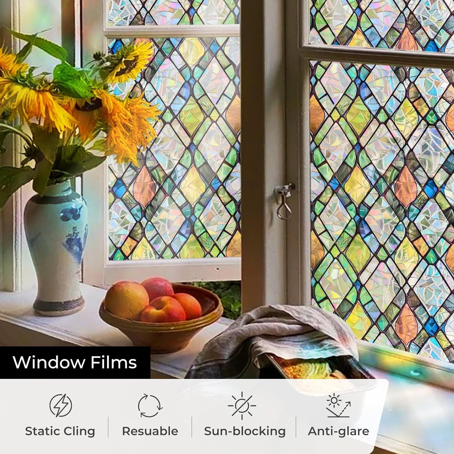 Window Privacy Film, Stained Glass Decorative Static Cling, Removable Laser S…