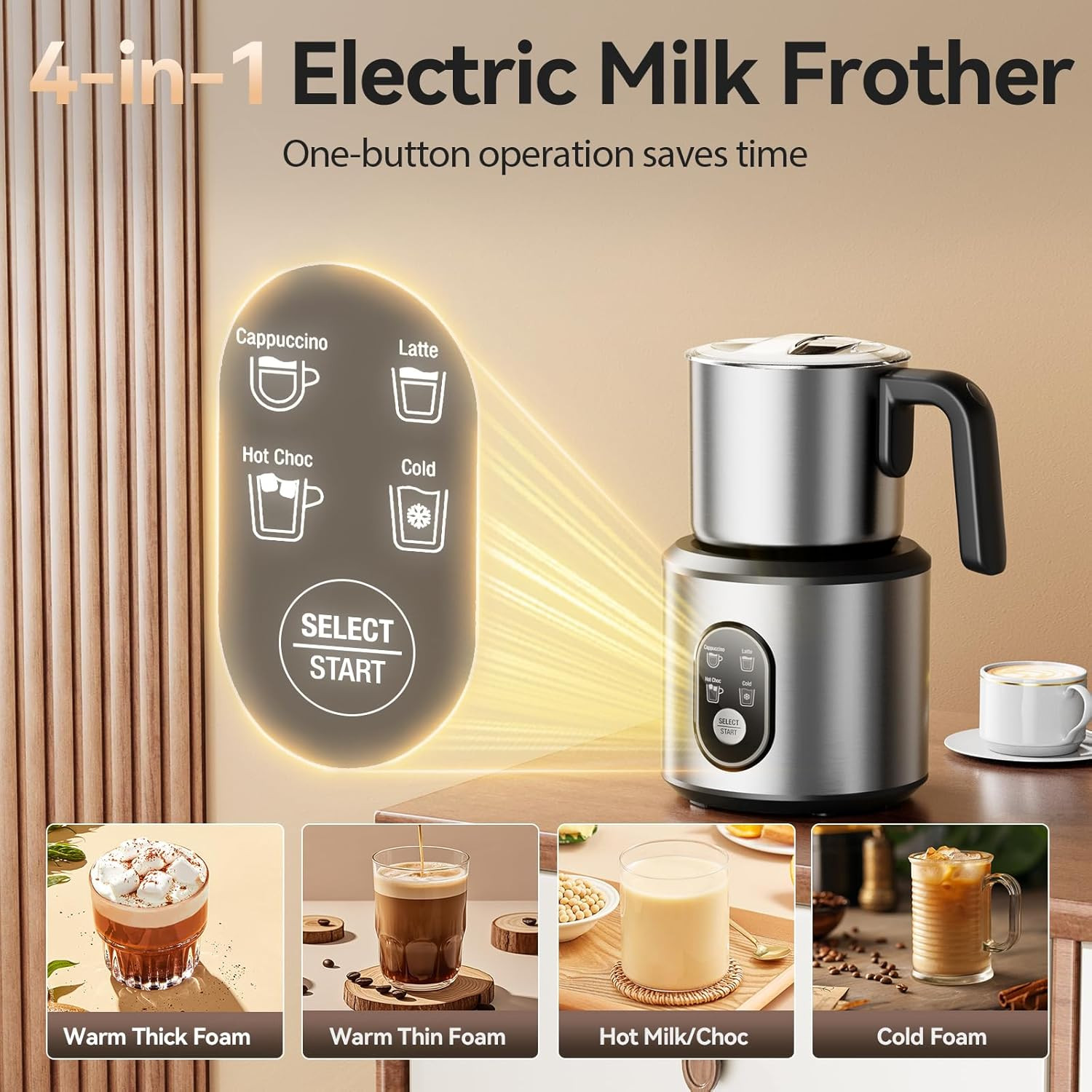 4-in-1 Milk Frother & Steamer – 24oz Automatic Hot & Cold Stainless Steel Jug