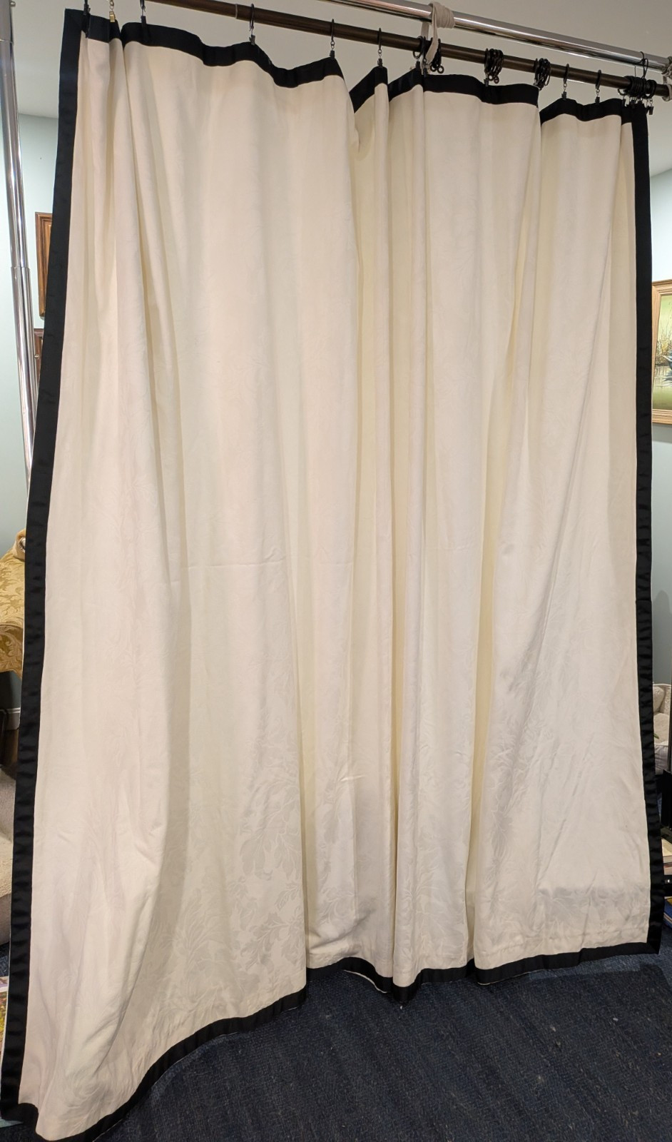 1 pair/2 panels White Jacquard Drapes Black Ribbon Border each panel 109″Wx 81″L