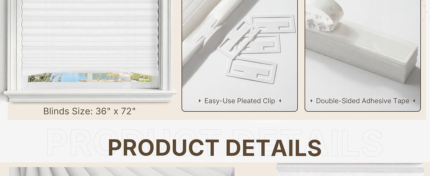 6 Packs Cordless Pleated Light Filtering Window Shade 36 in x 72 in Easy to Cut