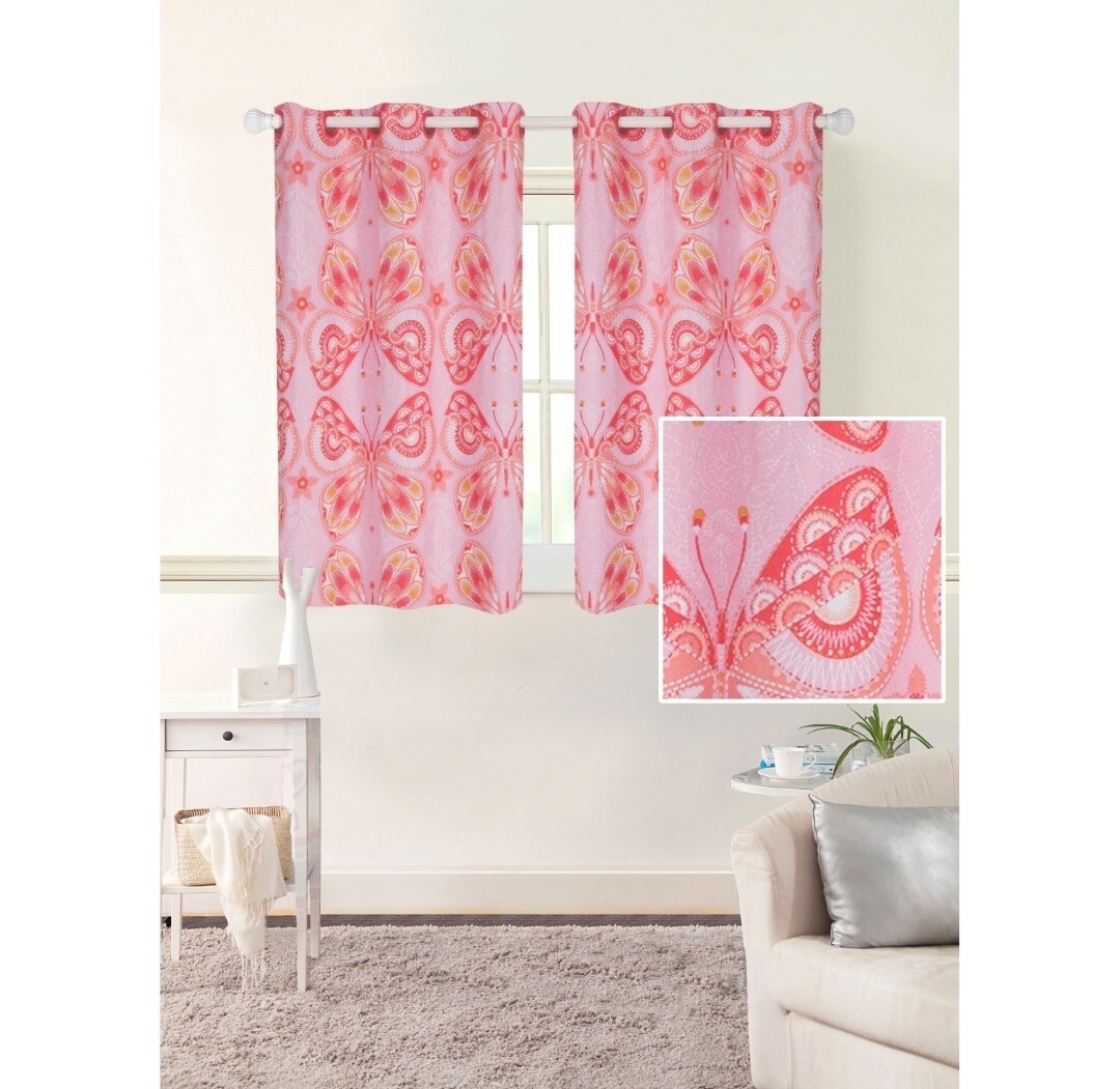 42″x63″ Coral Boho Butterfly Curtain Panel. Grommet Foamback, Mainstays Kids