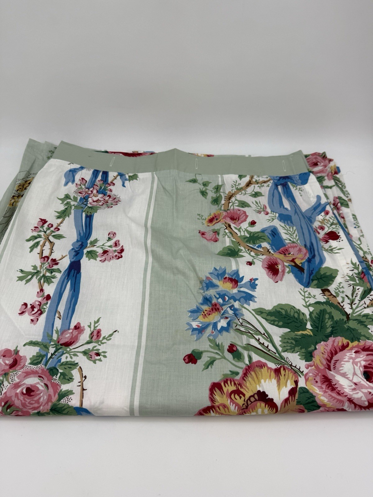 Croscill Fabric Shower Curtain RIBBONS ROSES Green Blue 73” X 72”