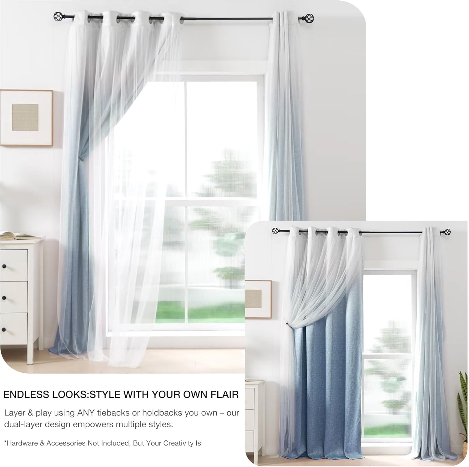 Blackout Ombre Window Curtains with Sheer Overlay, 2 Panels, 52″x90