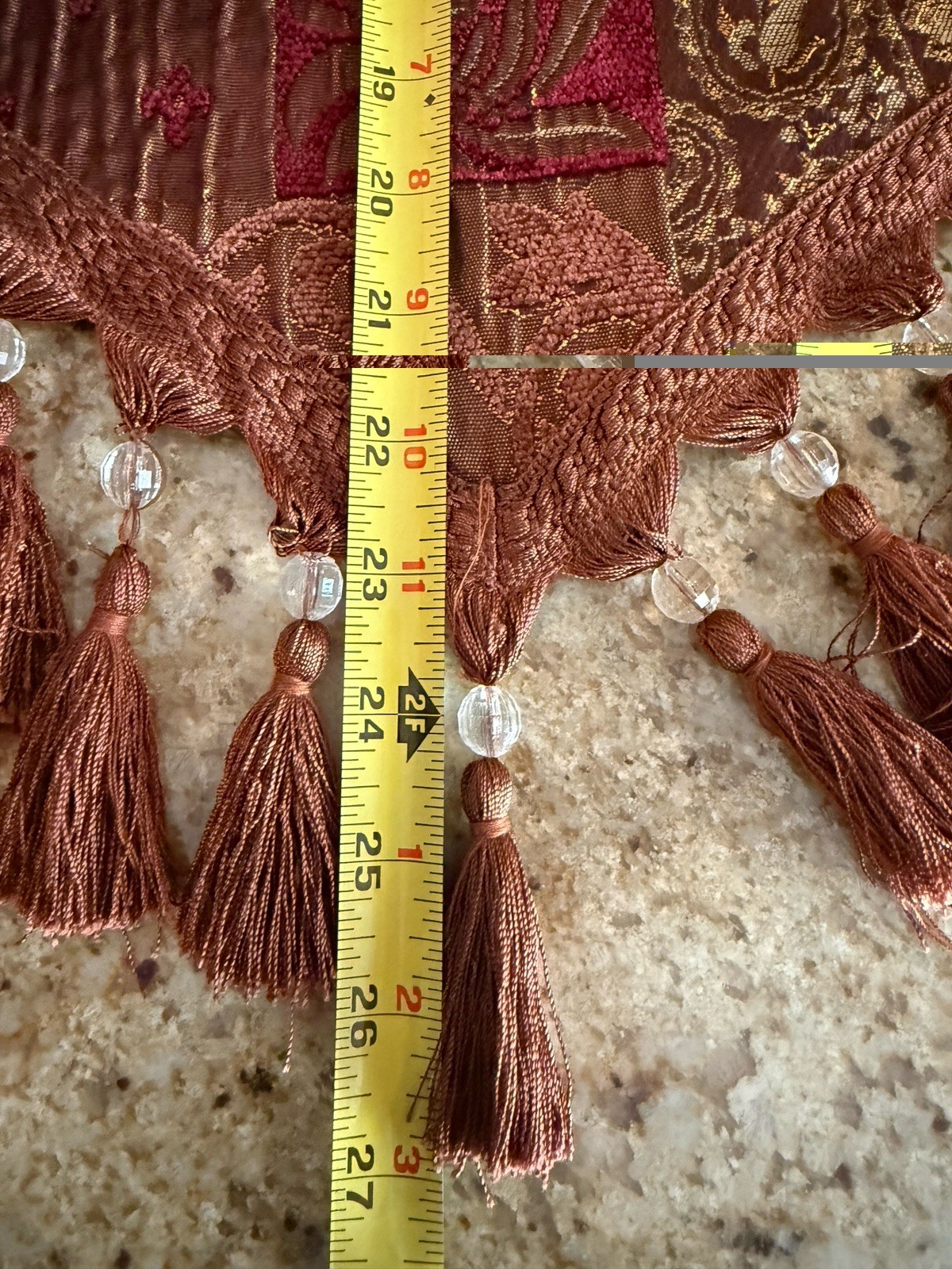 Croscill GALLERIA RED Brown Gold Patchwork Ascot Valance Fringe Tassels Used