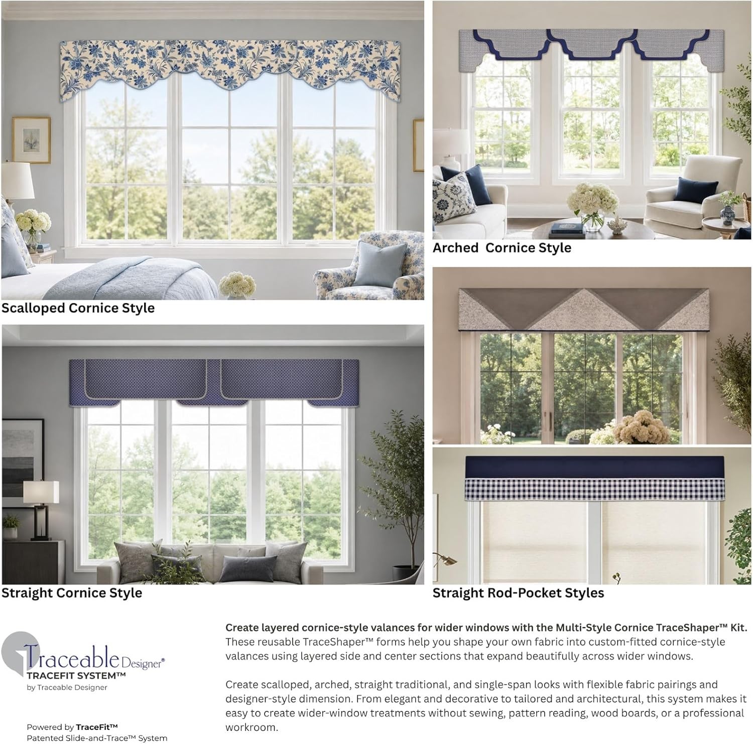 Multi-Style Cornice Valance Kit, No-Sew Scalloped, Arched & Straight Styles,