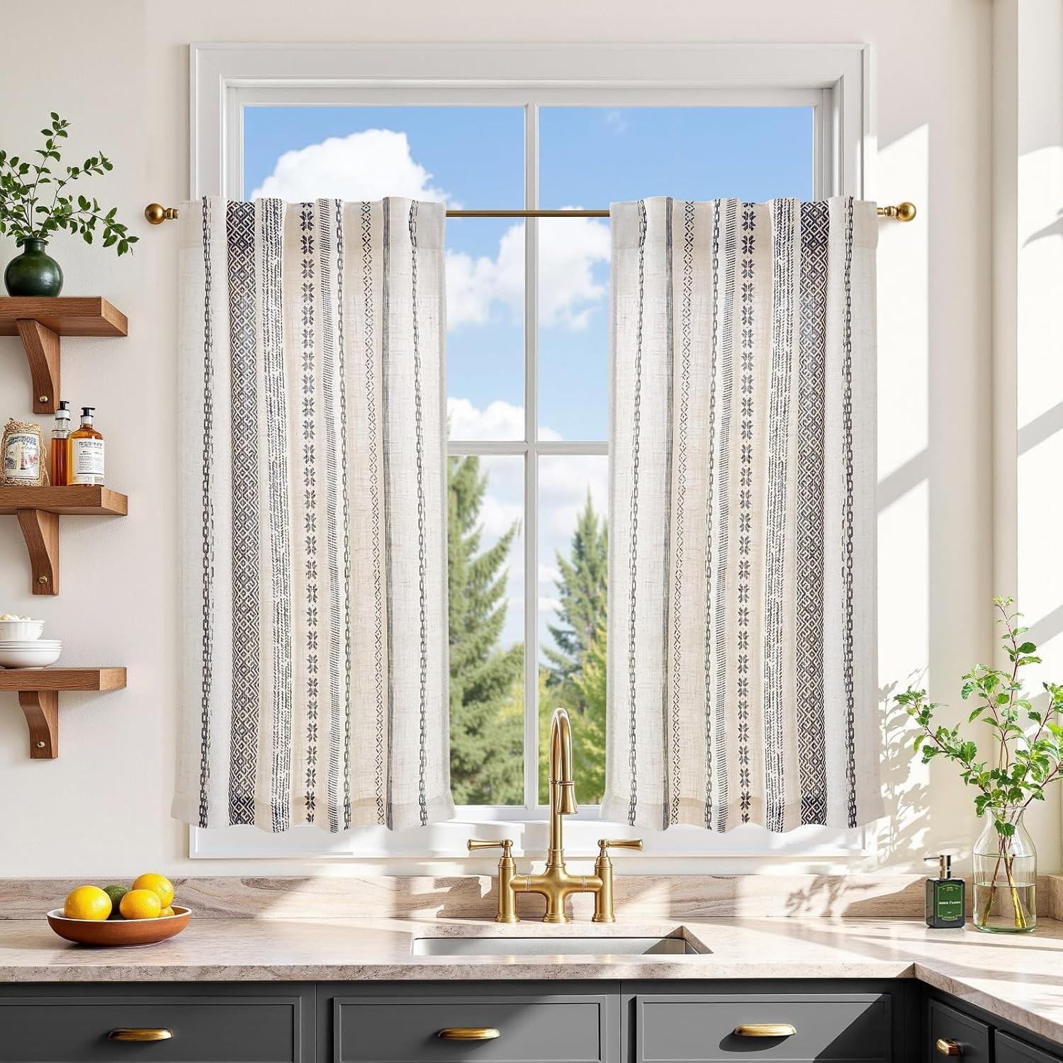 Boho Kitchen Curtains 36 Inch Linen Tier Curtains with Geometric Pattern