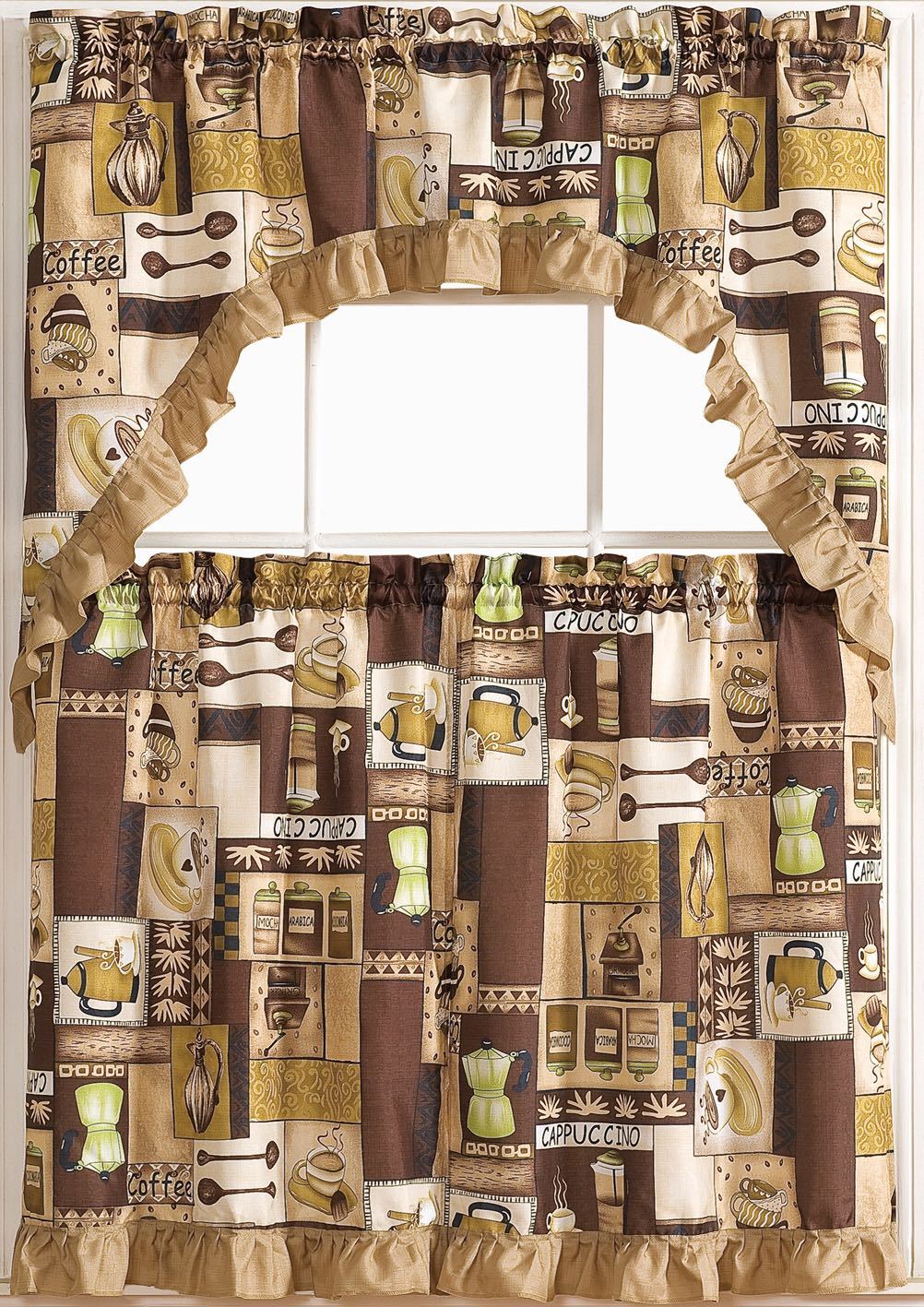 Kitchen Curtains 3 Pc. Set with Attached Valance Tier and Swag Set Red Brown