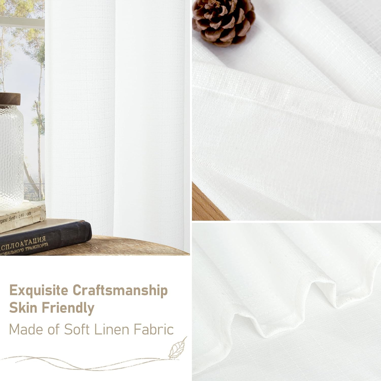 White Linen Curtains 40 Inch Length for Kitchen Windows over Sink, Linen Texture