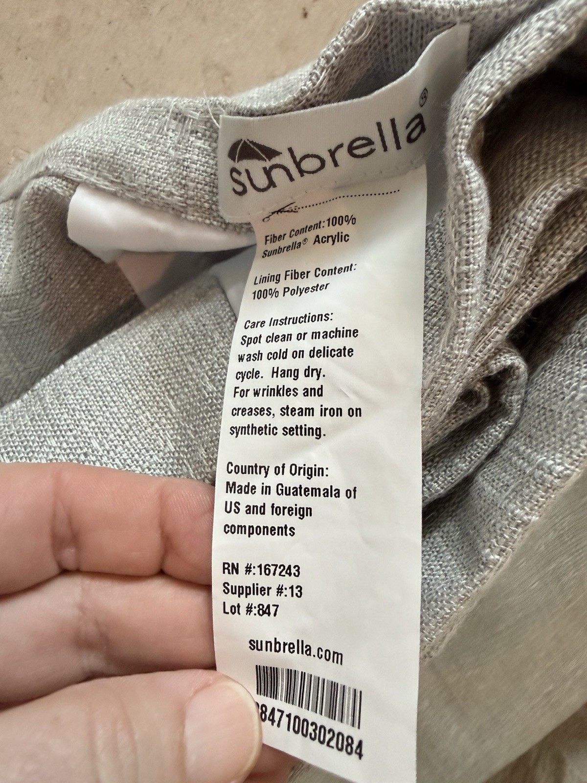 Sunbrella Light Gray Curtain-50 x 84″ new With Weighted Bottom
