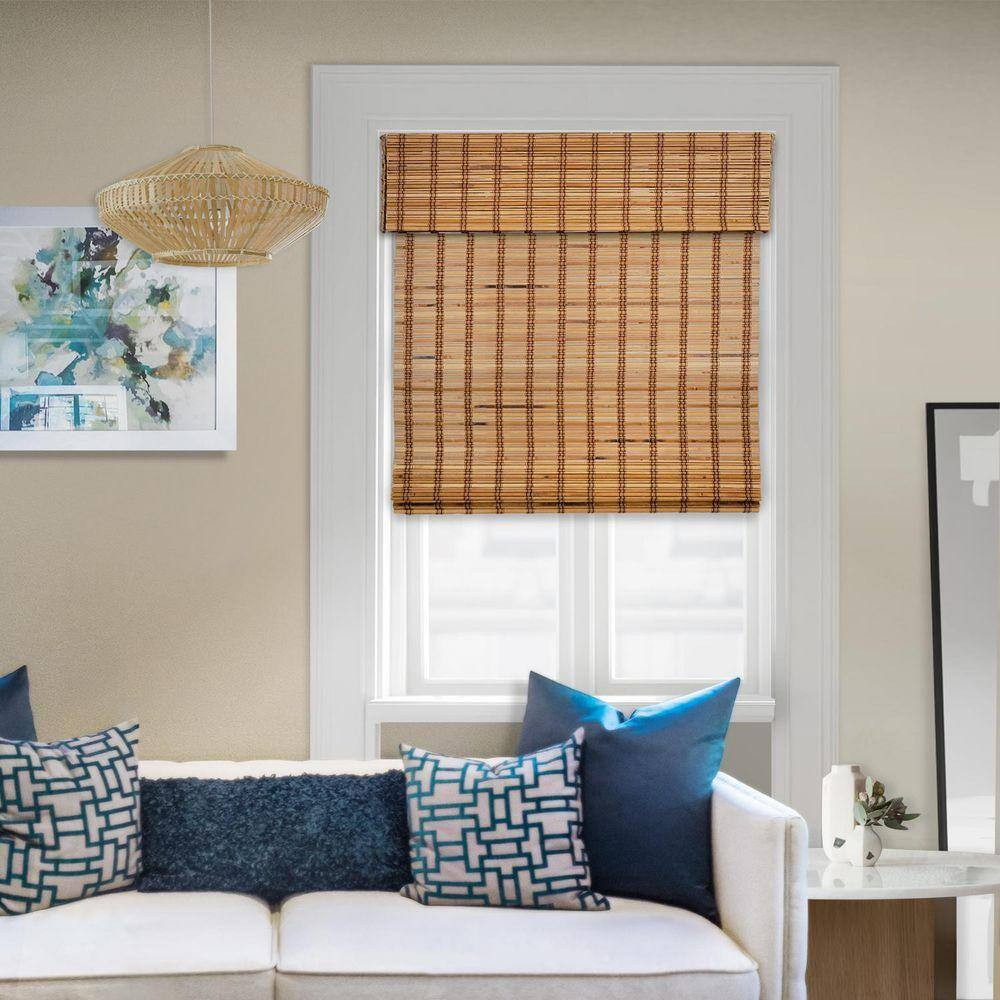Natural Woven Light Filtering Cordless Bamboo Roman Shades for Windows, 46 In. W