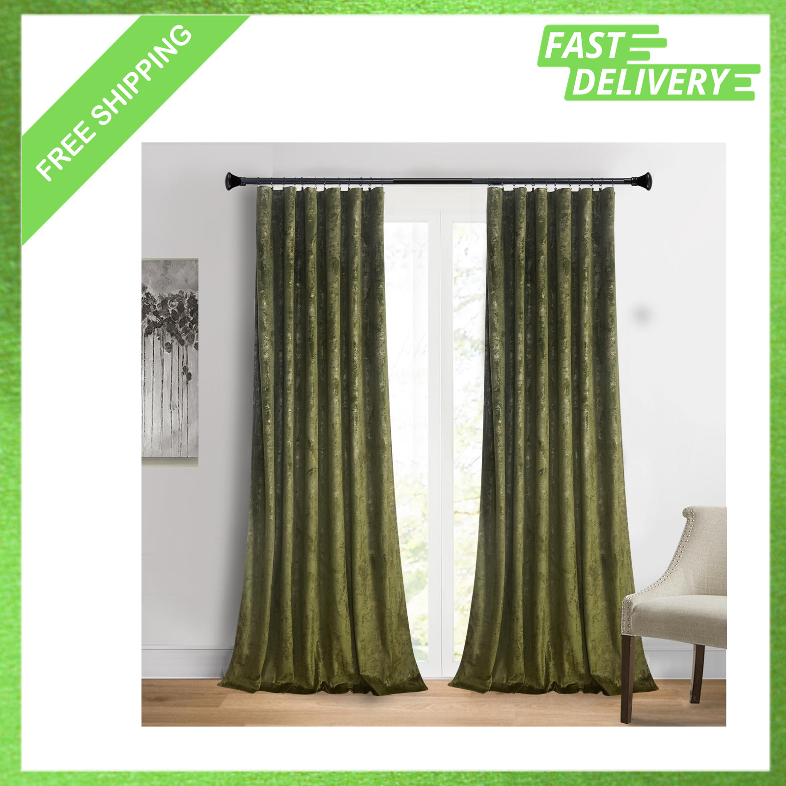 Velvet Curtain Panels 52 Inch Wide Gold Foil Print Moss Green Thermal Insulated