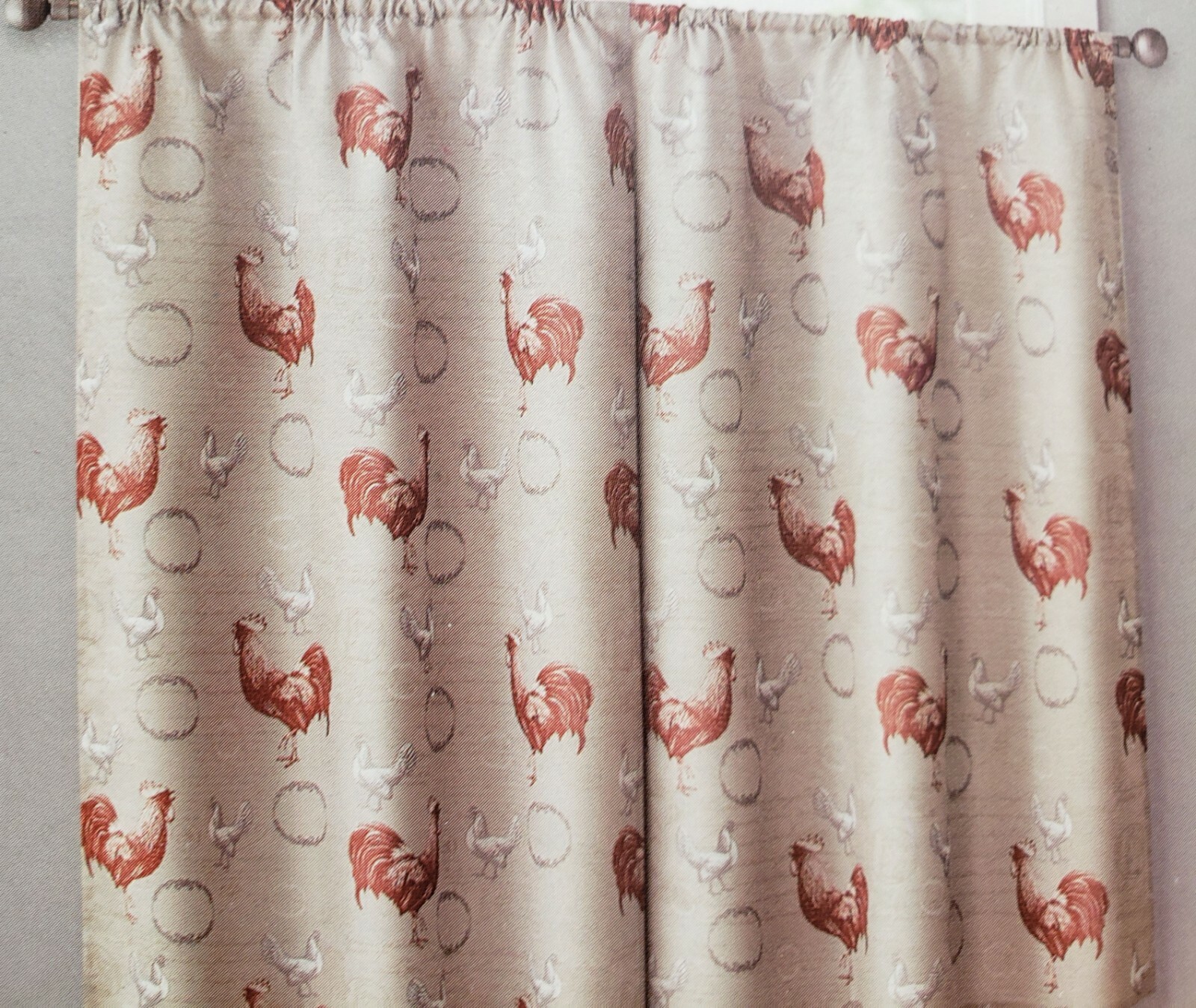 3 pc. Curtains Set: Valance (56″x14″) & 2 Tiers (28″x36″) ROOSTER & STAMPS, VC