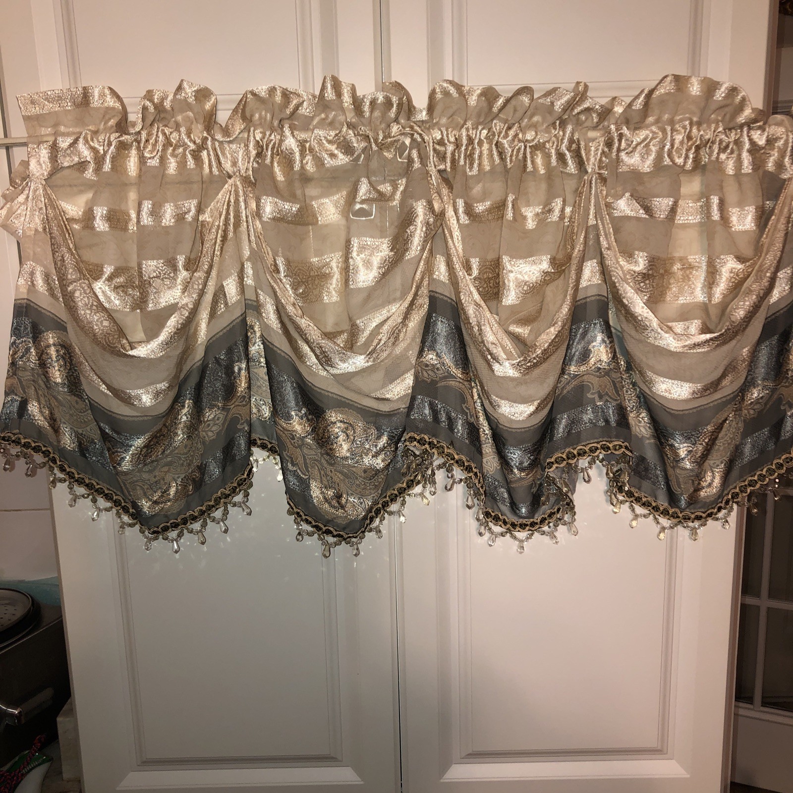 1 Croscill Home Austrian VALANCE BLUE Cream Beaded Semi Sheer 82W x 21 L