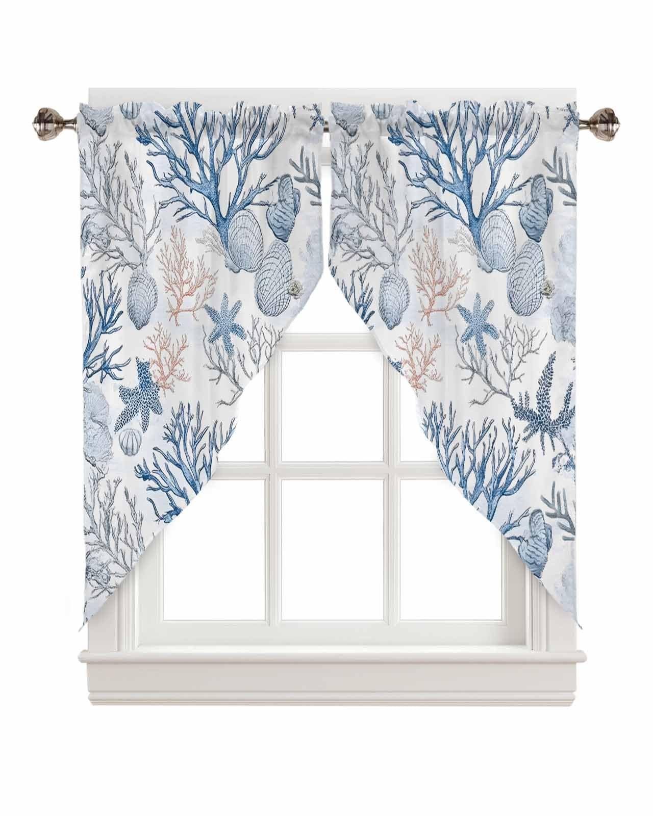 Coastal Coral Swag Curtains Valance For Kitchen Windows,Rod Pocket Ocean Blue…