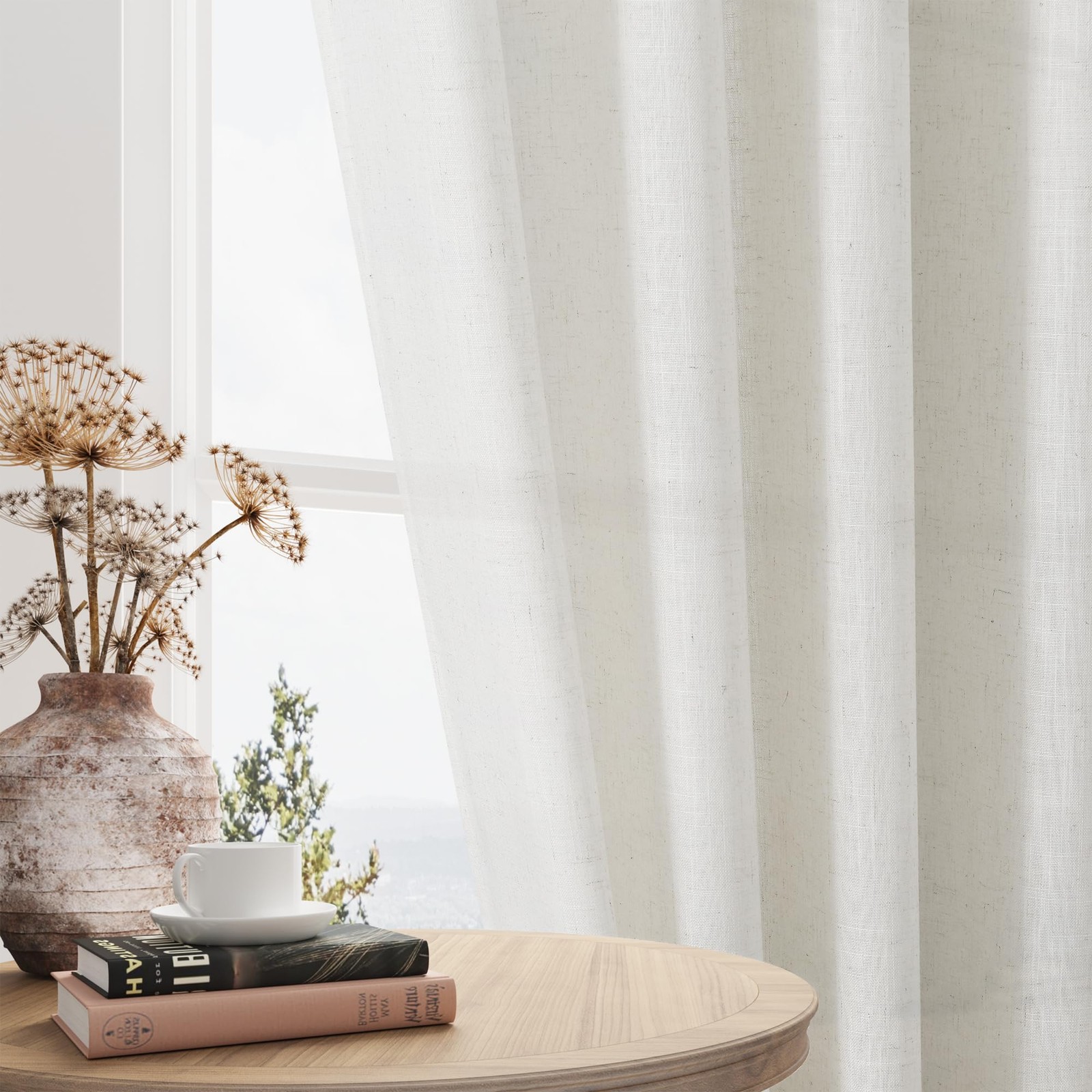 SPWIY 144 inch Linen Curtains 12 FT 1 Panel Natural Cream Ivory Semi Sheer