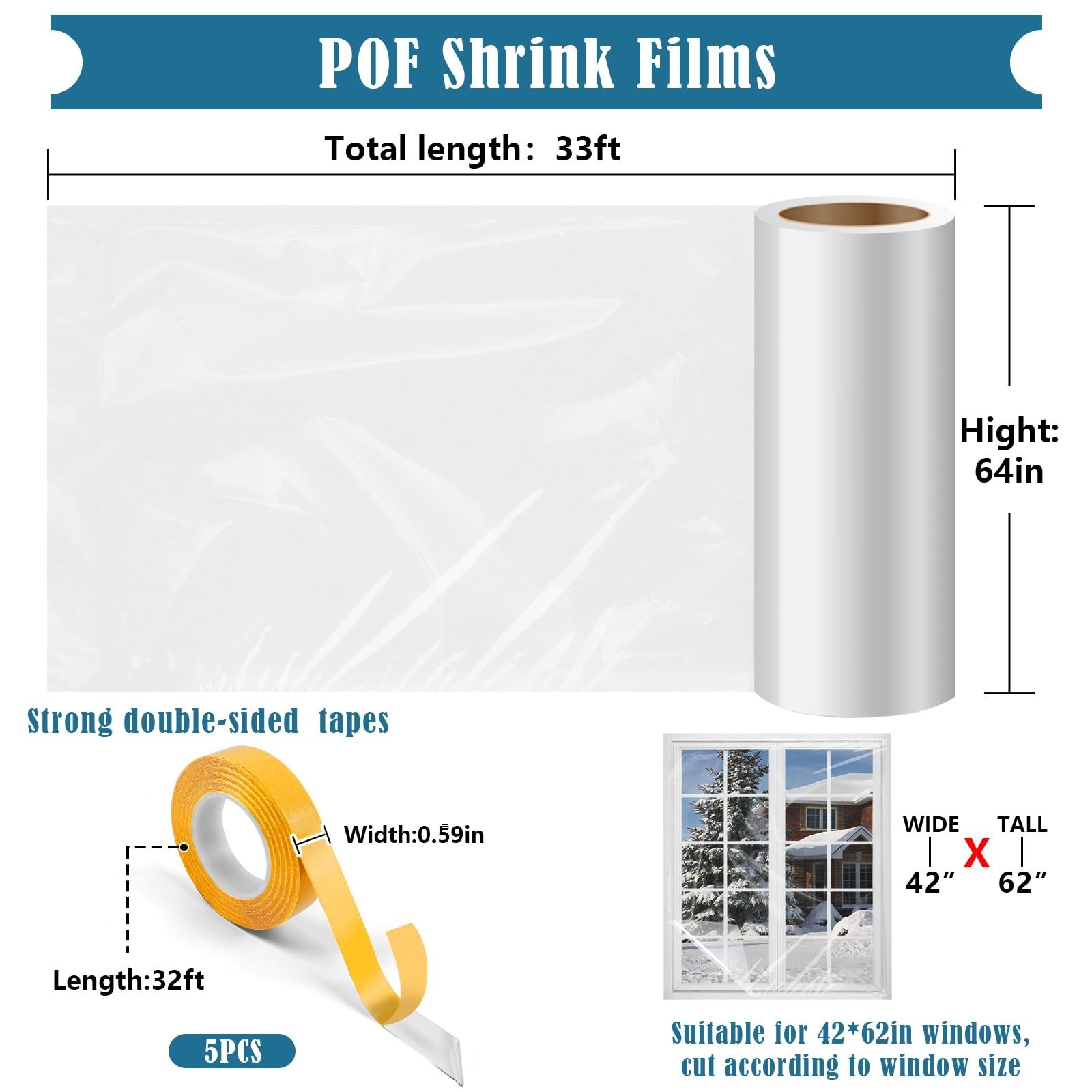 Window Insulation Kit – 63×394 Inch Plastic Coverings, Waterproof Winterizing Fi