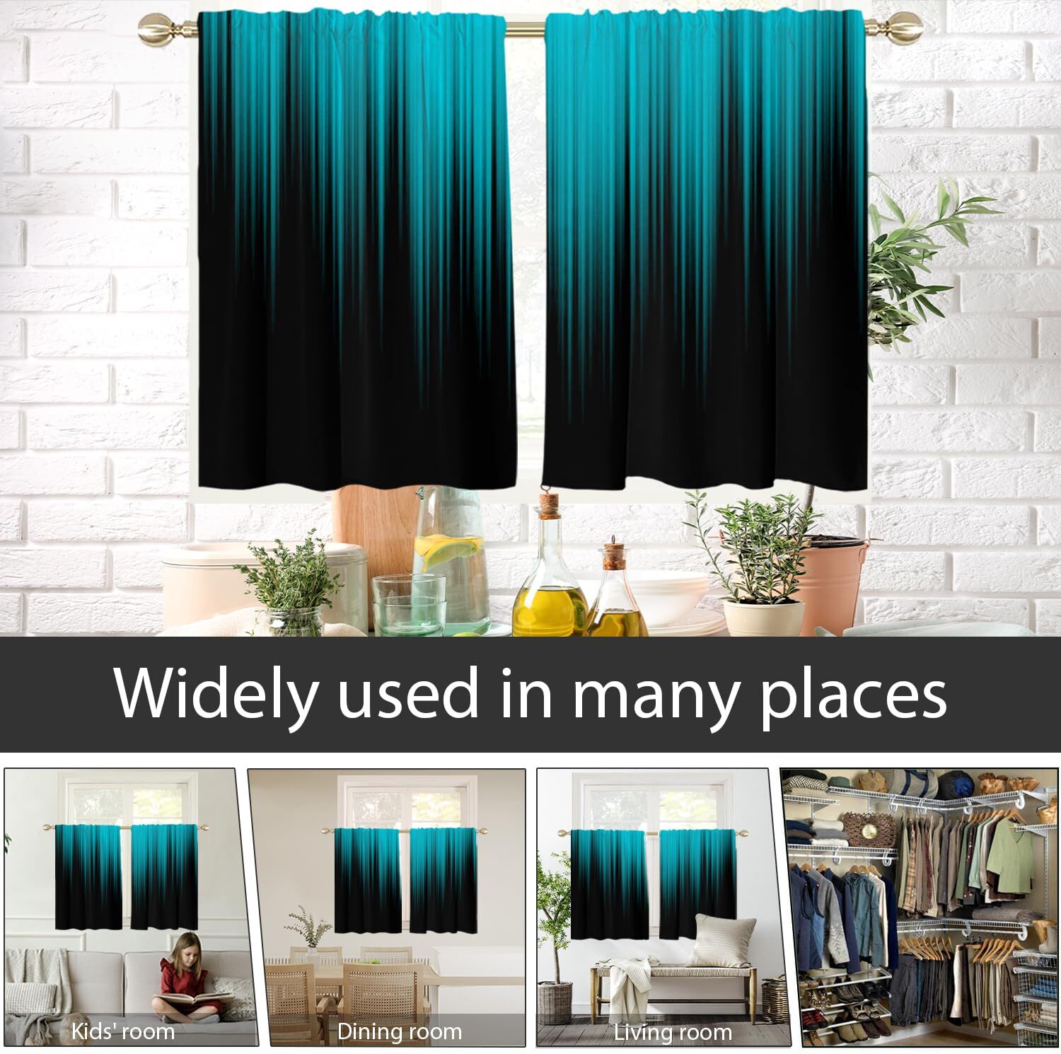Teal and Black Window Curtains for Kitchen Turquoise Aqua Abstract Modern Two…