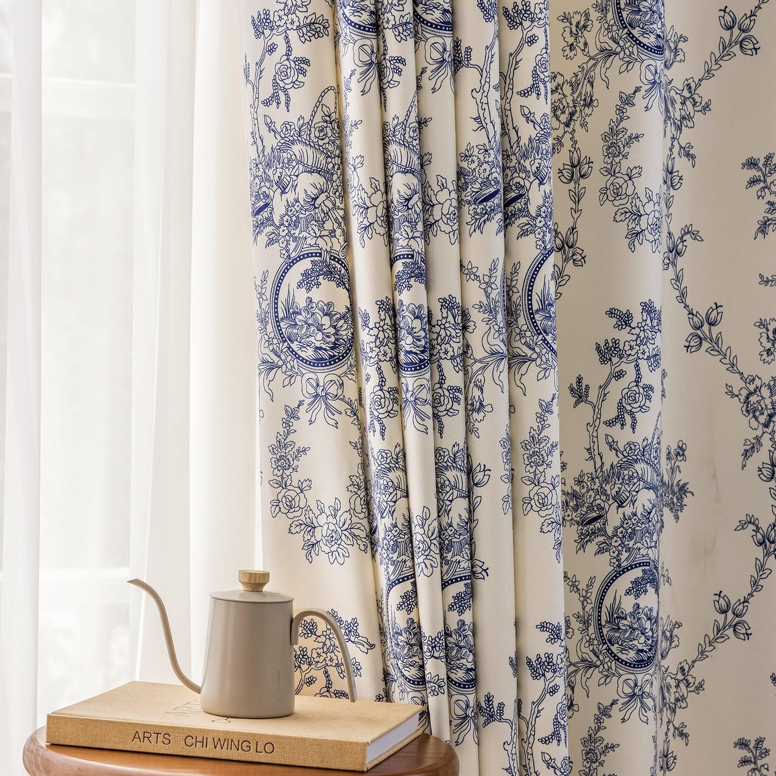 SUOUO Blue and White Floral Chenille Curtains 52″W x 84″L (Pack of 2),
