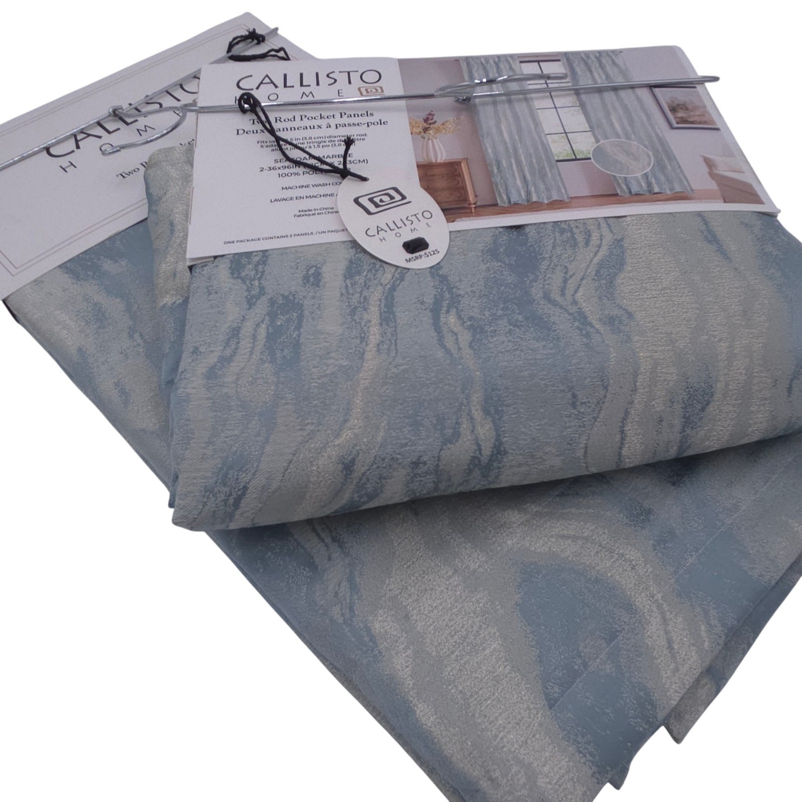 Callisto Home Curtains Drapes Blue Abstract set of 4 Panels 96″ Lined Luxury New