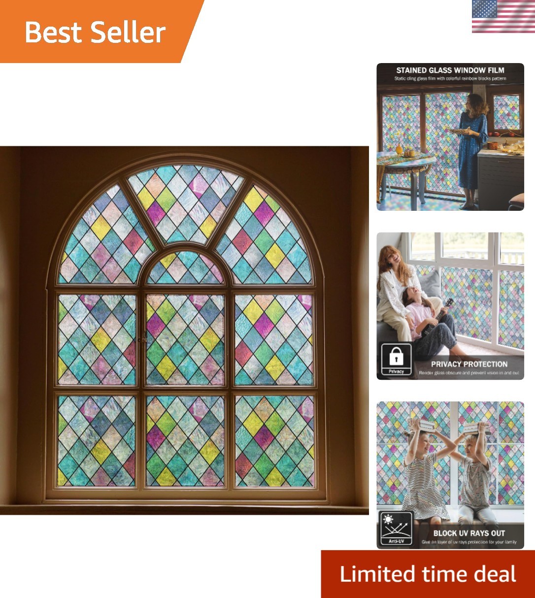 Decorative Stained Glass Window Film – 29.5×236.2in Static Cling UV Blocker