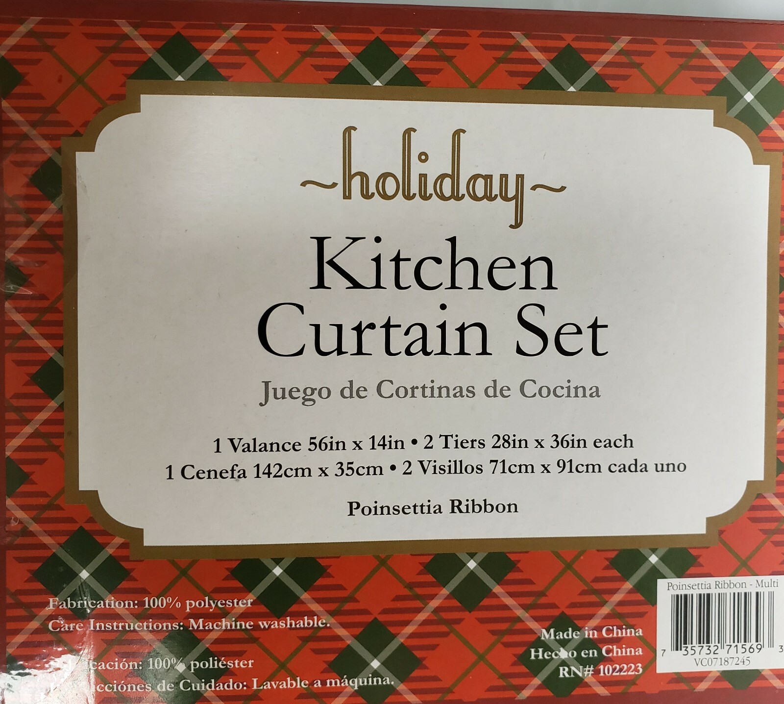 3pc Curtains Set:2 Tiers (28″)& Valance (56″x14″)POINSETTIA & BERRIES #2,Holiday