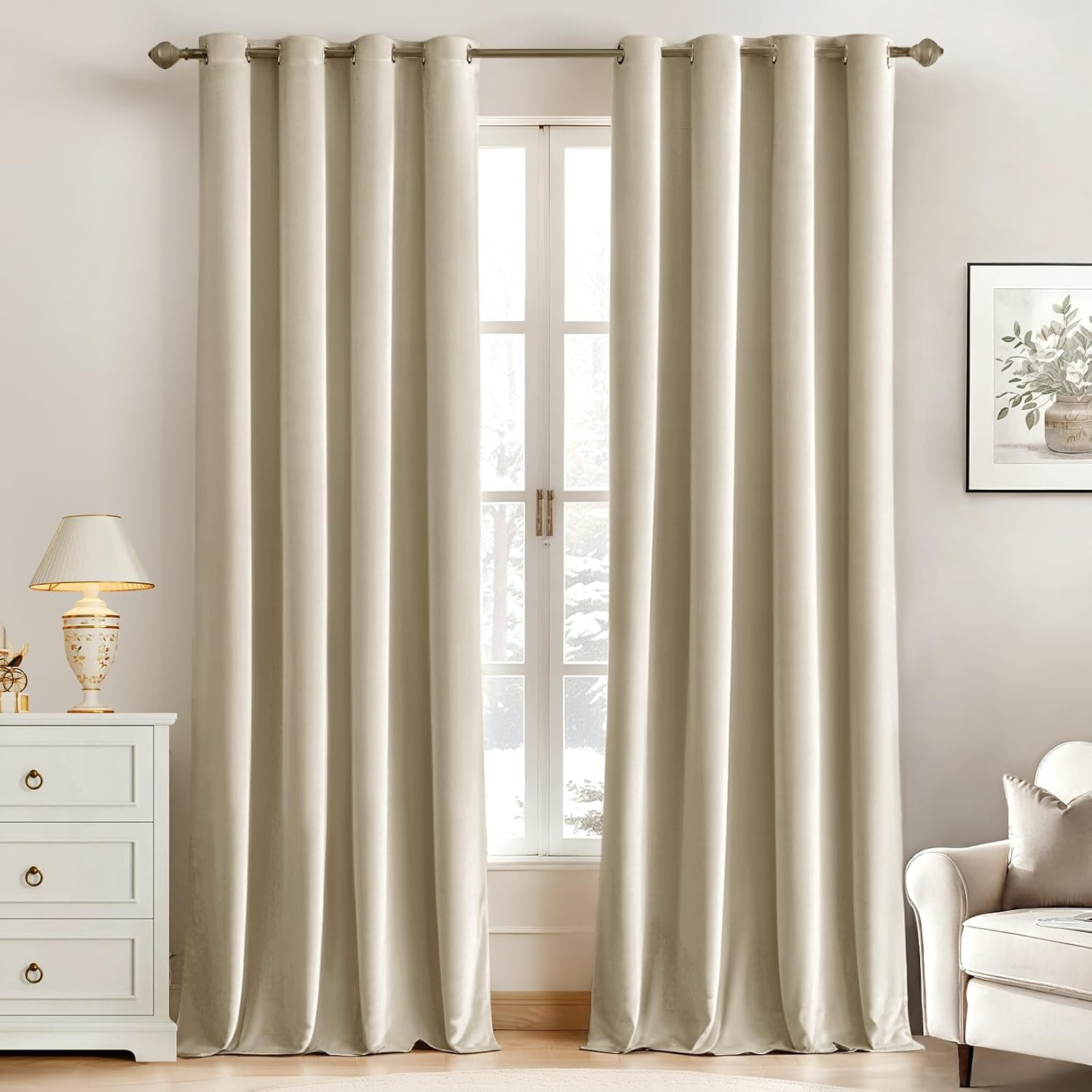 Velvet Curtains Beige Elegant Grommet Curtains Thermal Insulated Soundproof Room