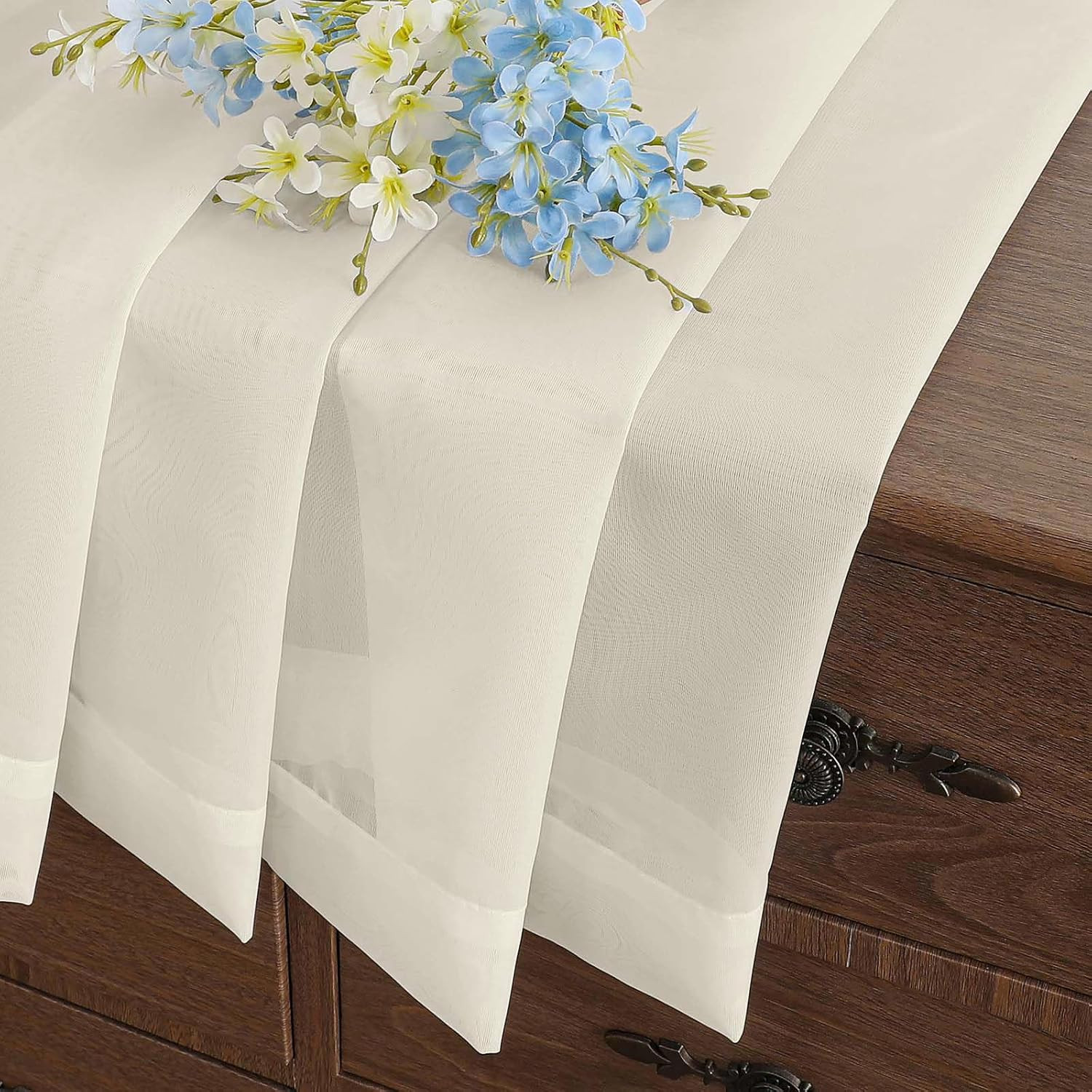Cream Valances for Windows 14 Inch Length 2 Panels Set, Small Voile Sheer Curtai