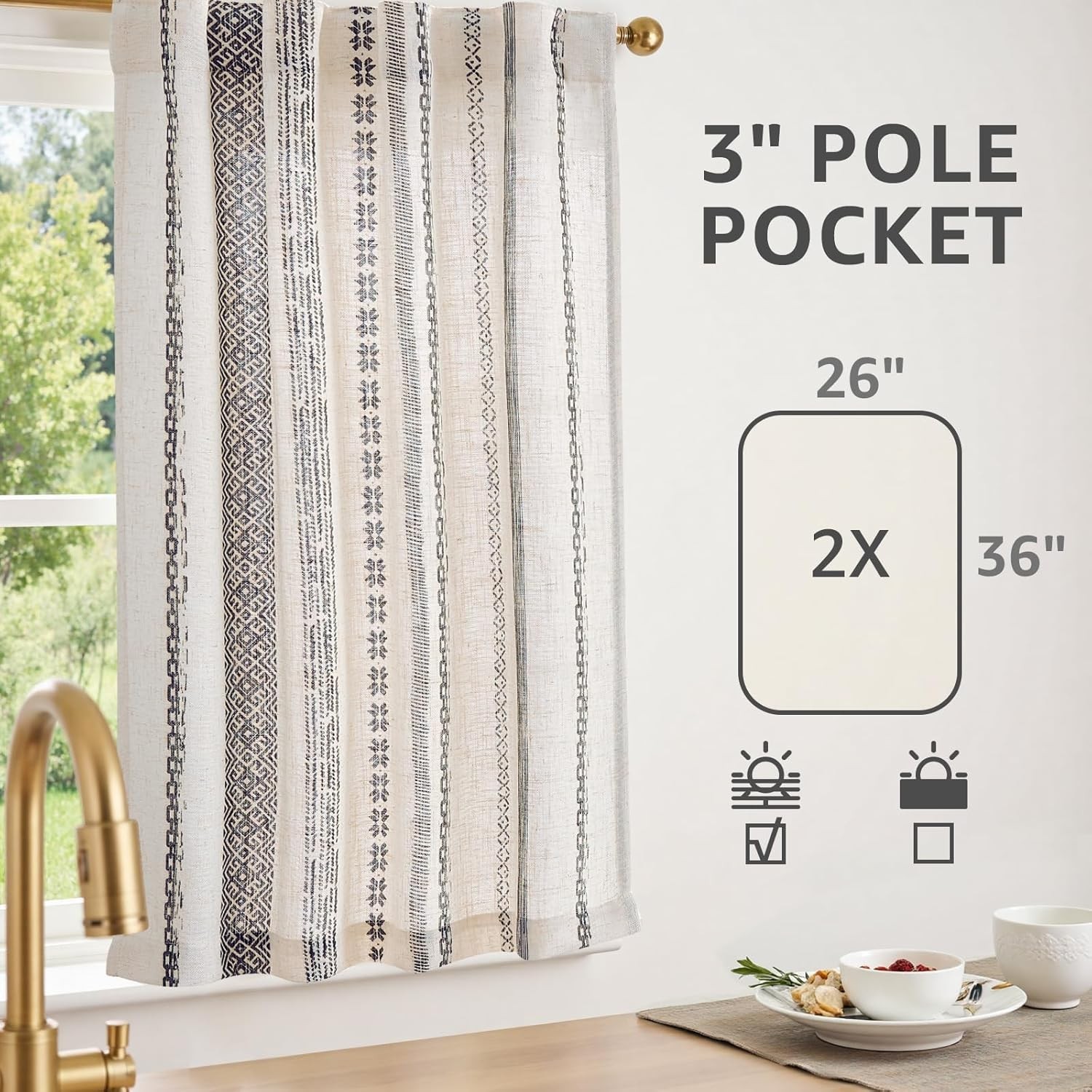 Boho Kitchen Curtains 36 Inch Linen Tier Curtains with Geometric Pattern