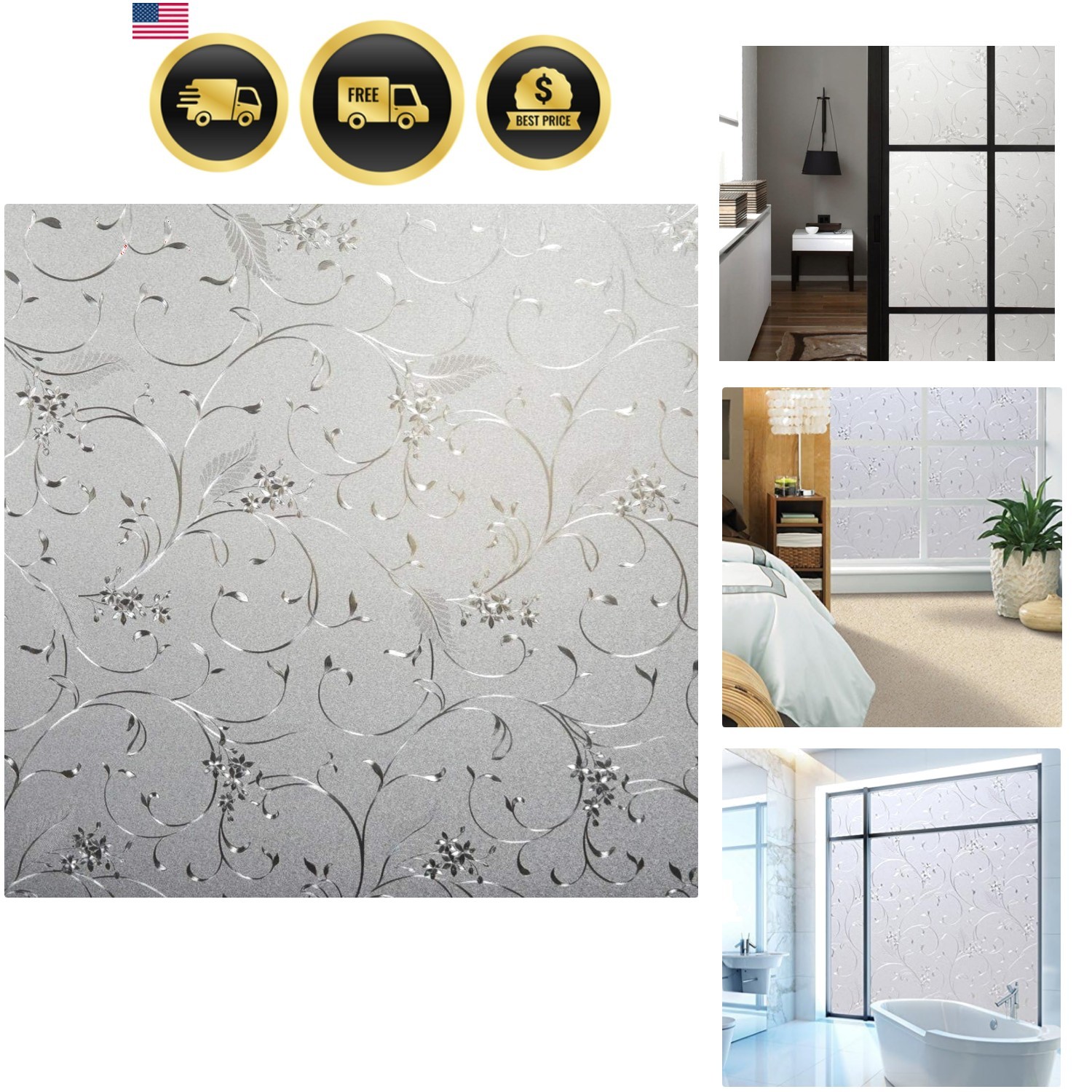 Window Privacy Film Static Cling Non-Adhesive Window Film Frosted Glass Bathr…