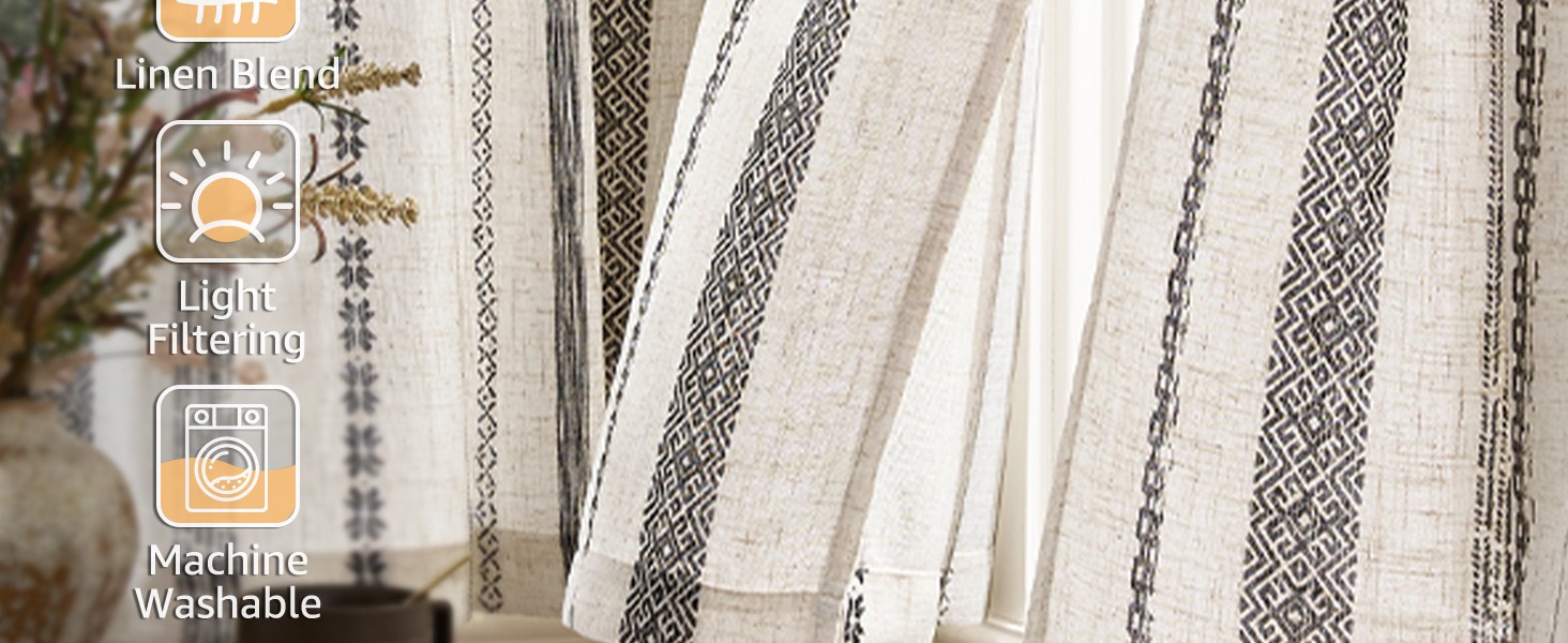 Boho Kitchen Curtains 36 Inch Linen Tier Curtains with Geometric Pattern