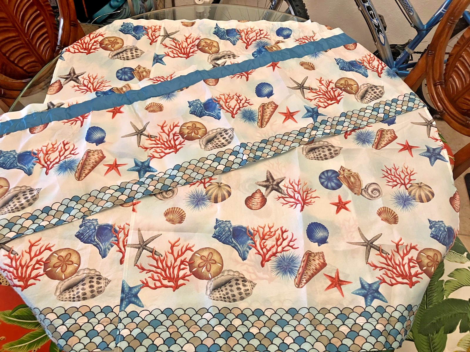 3 PC Kitchen Curtain Set COASTAL Shells Coral Sand Dollars 57”x13.5” and 36”x28”