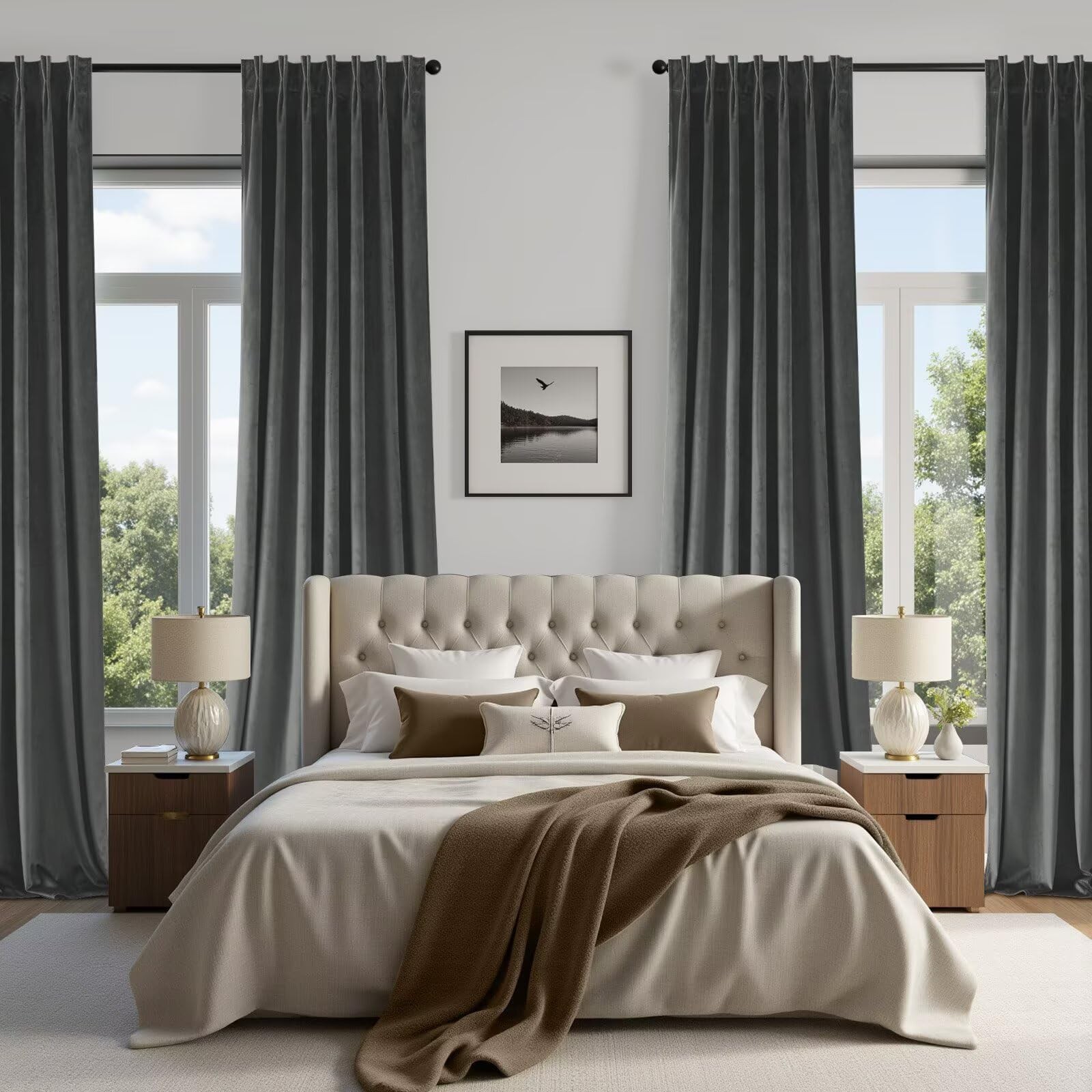 Luxury Grey Velvet Blackout Curtains 96″ Long, 2 Panel Set, Thermal Insulated