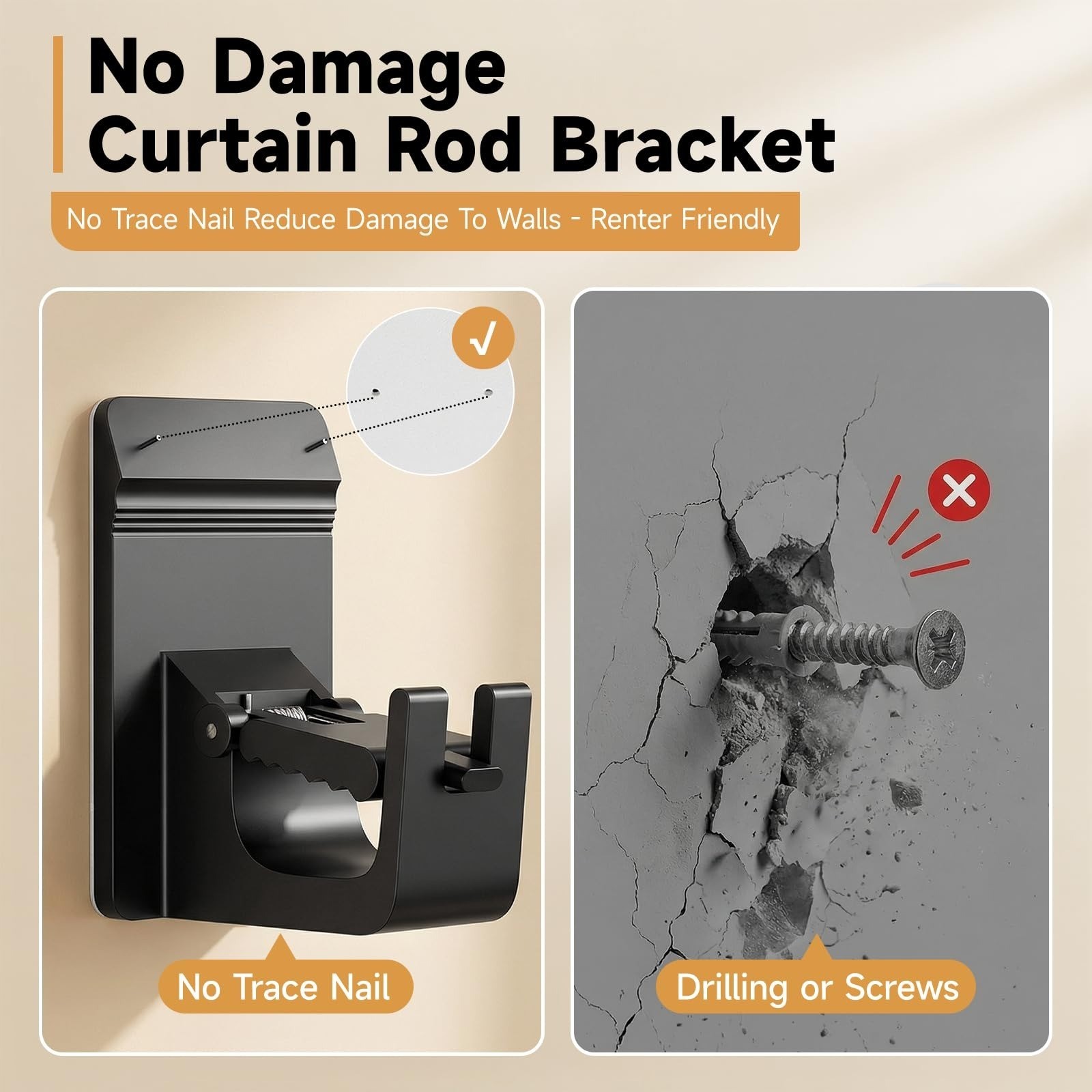Universal Heavy Duty Curtain Rod Brackets, No Drill Curtain Rod Brackets with Ad