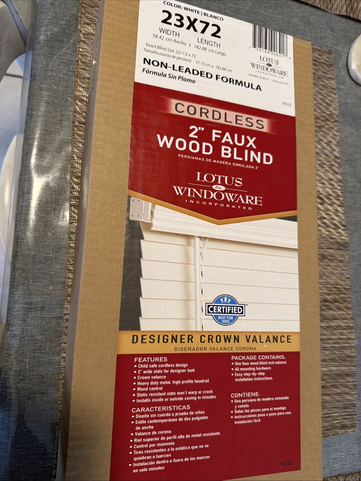 2in Faux Wood Blind Cordless ( White) 23 X 72in Lotus Windoware