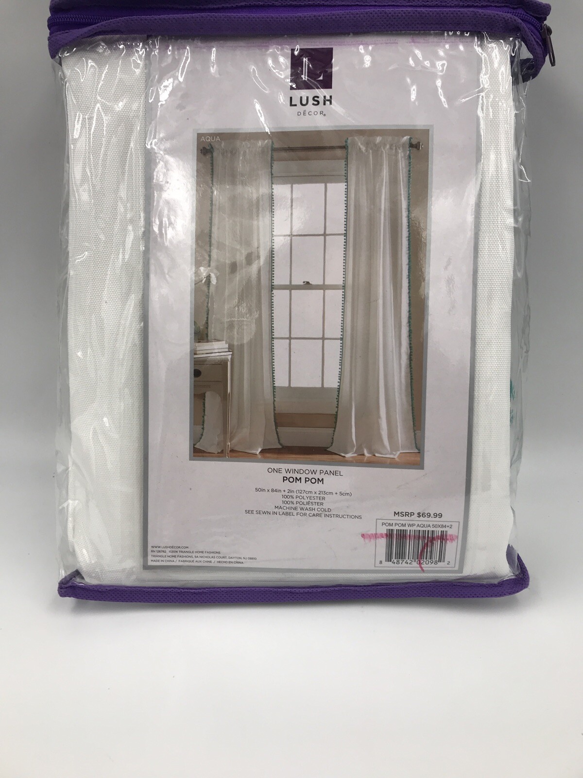 Lush Decor White Sheer Panel Aqua Pom Pom Trim 50×84 Inch Window Curtain New
