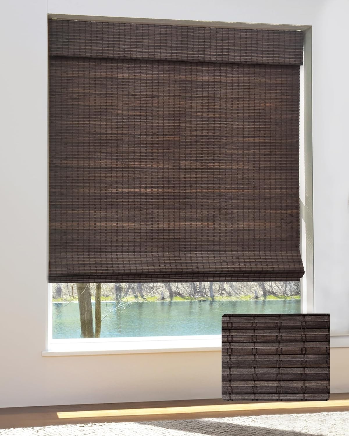 Cordless Bamboo Roman Shades for Windows, Size (27.5″ W × 64″ H) (BDP-Espresso)