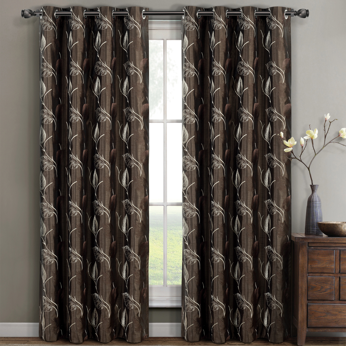 2 Panels 52″ Wide Olivia Embroidered Lined Grommet Window Drapes & Curtains
