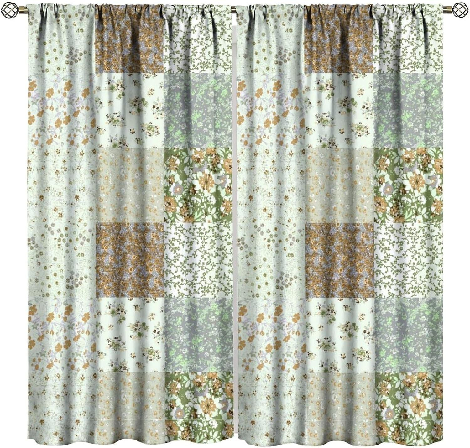 Boho Floral Patchwork Curtains, Green Farmhouse Patchwork Quilted Country Check