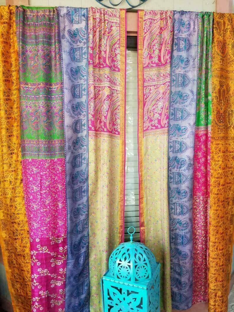 2 Pcs Indian Sari Patchwork Curtain Drape Window Decor Multi Silk Sari Curtain