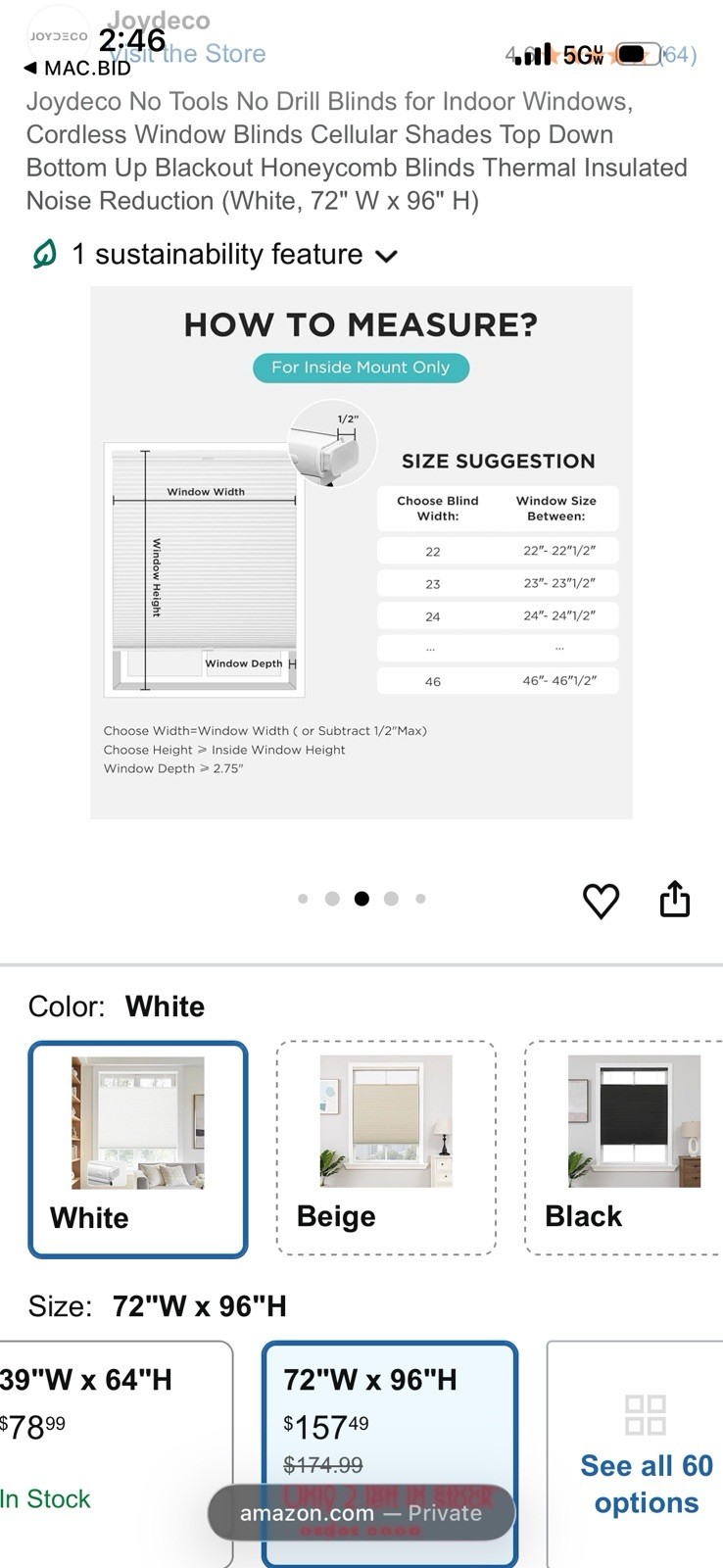 Joydeco Indoor Windows, Cordless Window Blinds White, 72″ W x 96″ H)