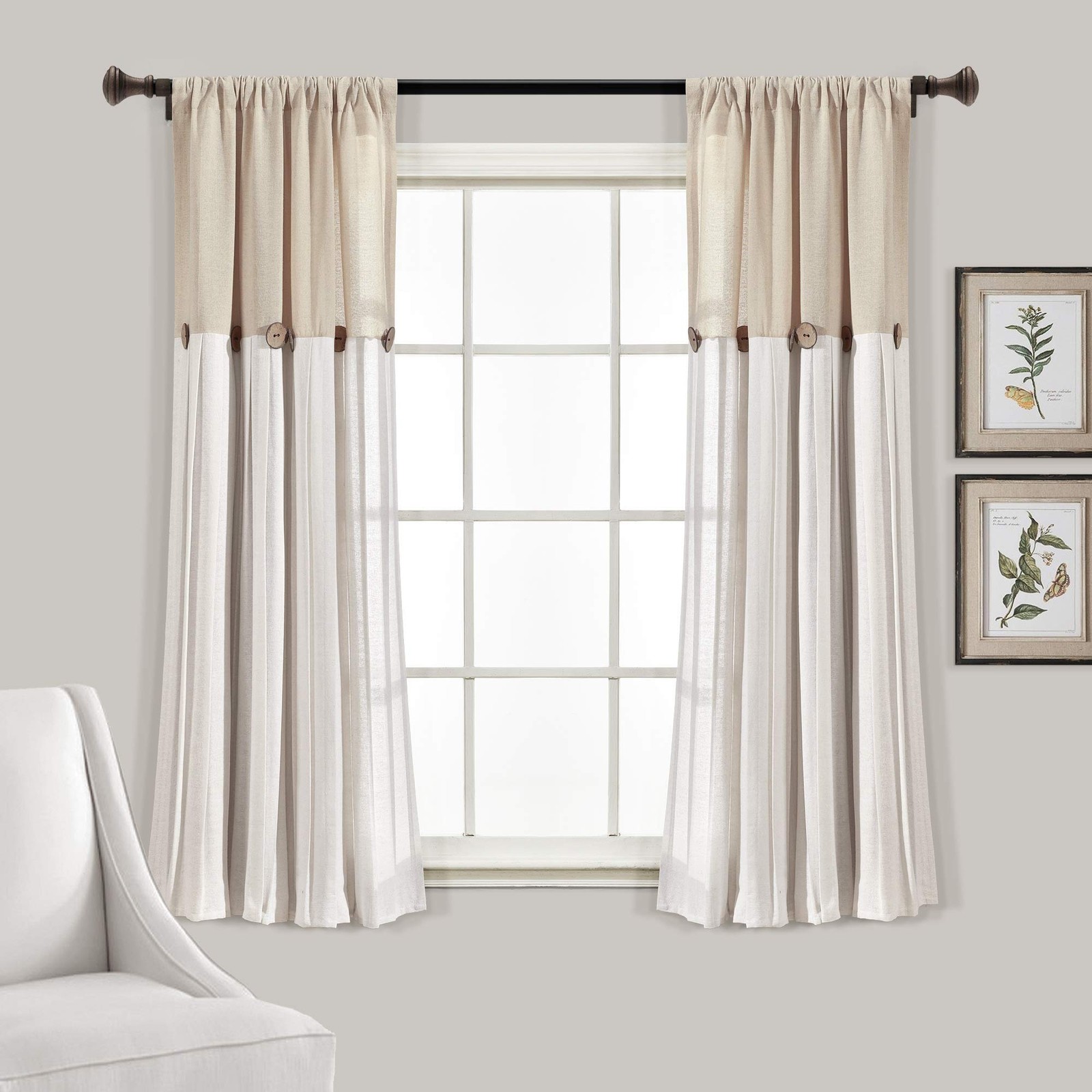 Lush Decor Linen Button Window Curtain Panel, Single, 40 W x 45 L, Linen – Count