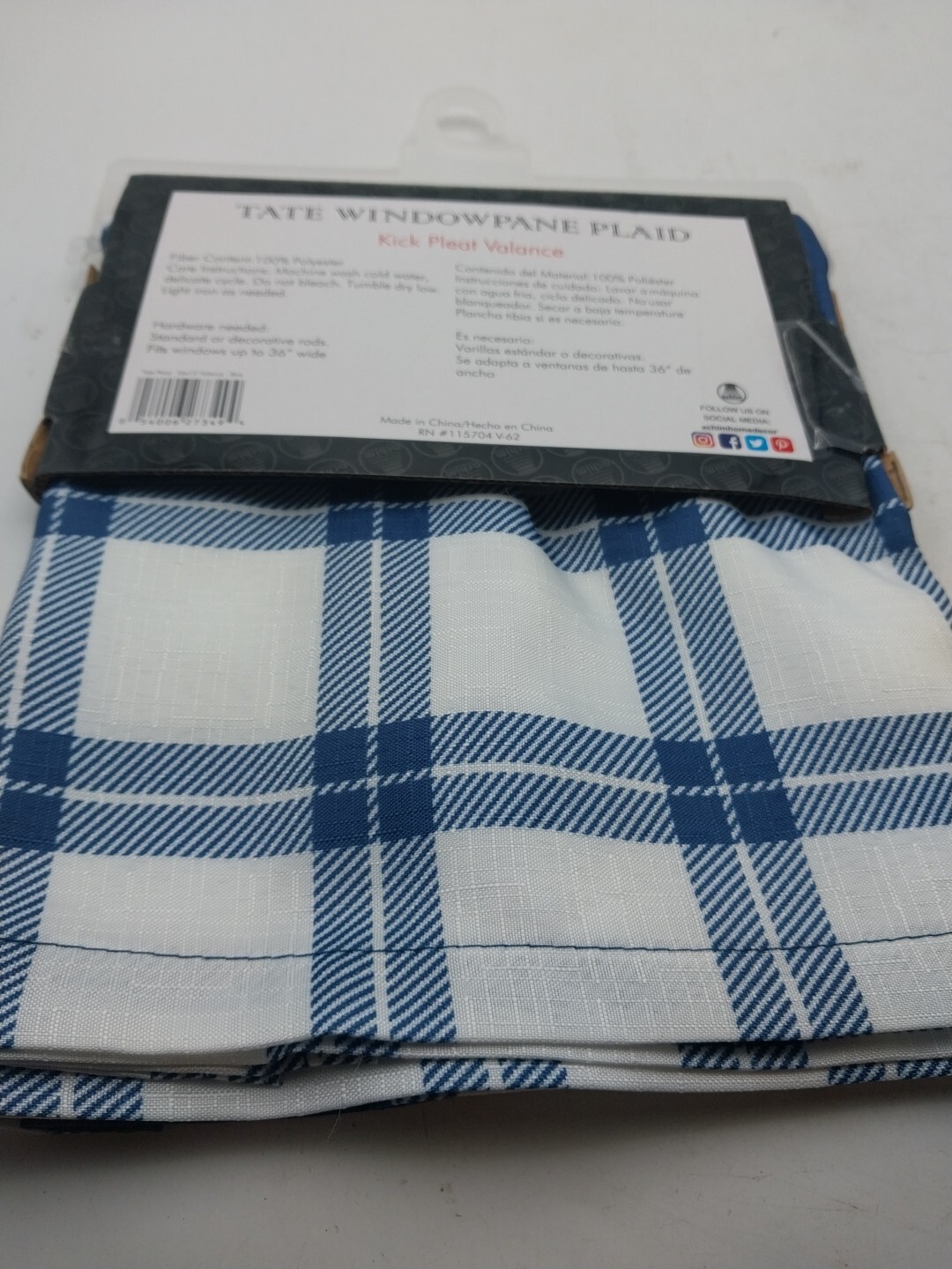 Achim Windowpane Plaid Kick Pleat Valance Curtain Blue 56in W x 13in L