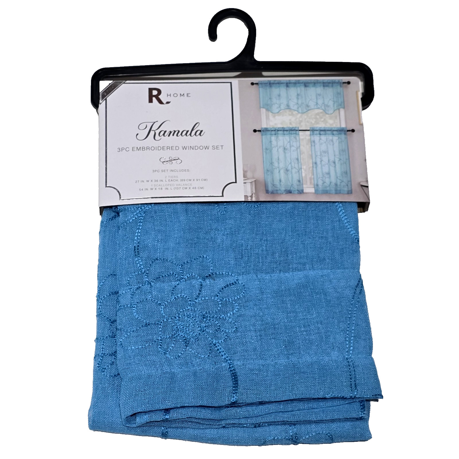 R Home Kamala 3pc Embroidered Window Set 27×36-2 54×18 Blue