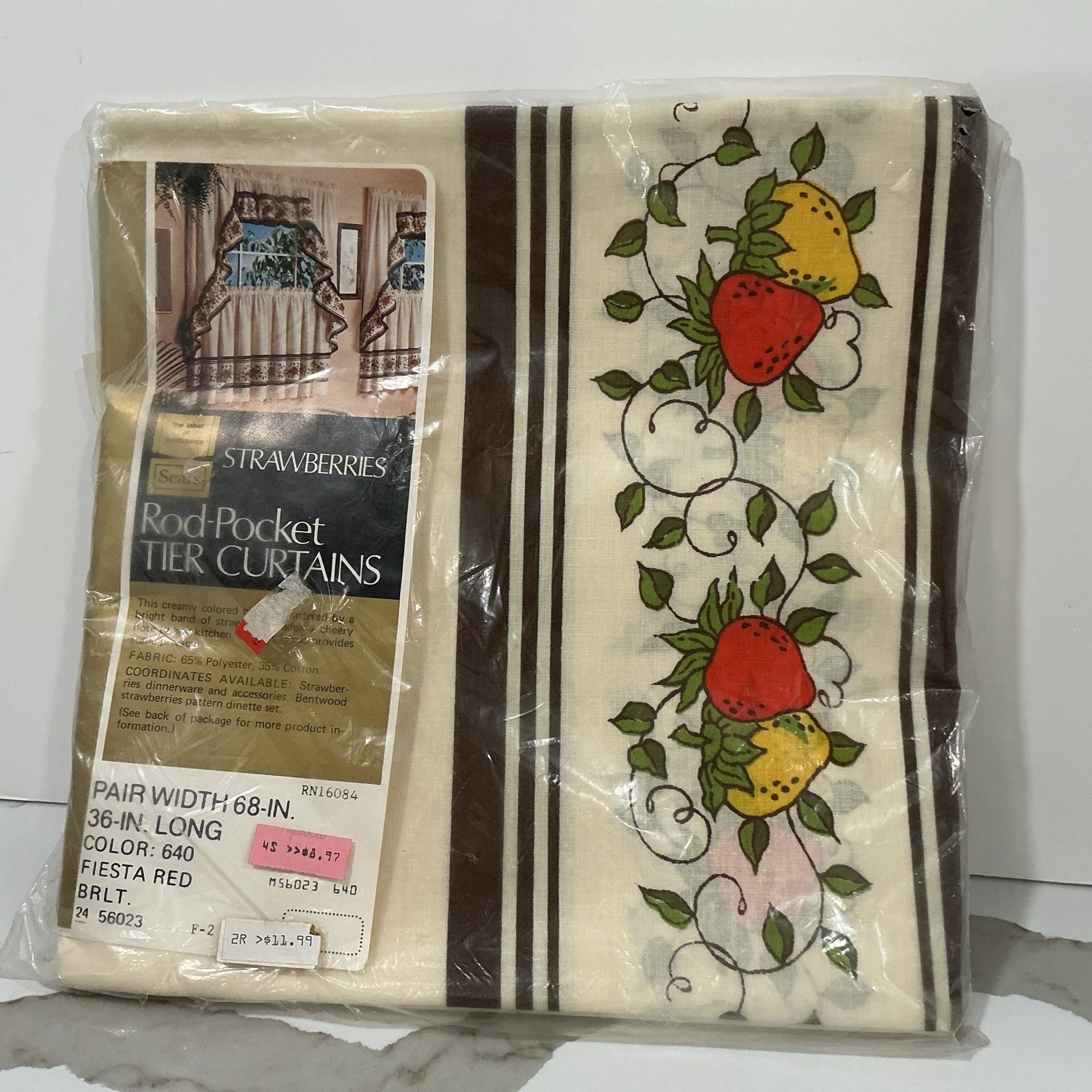 Vintage Sears kitchen curtain panel pair strawberries 68in W X 36in L NOS